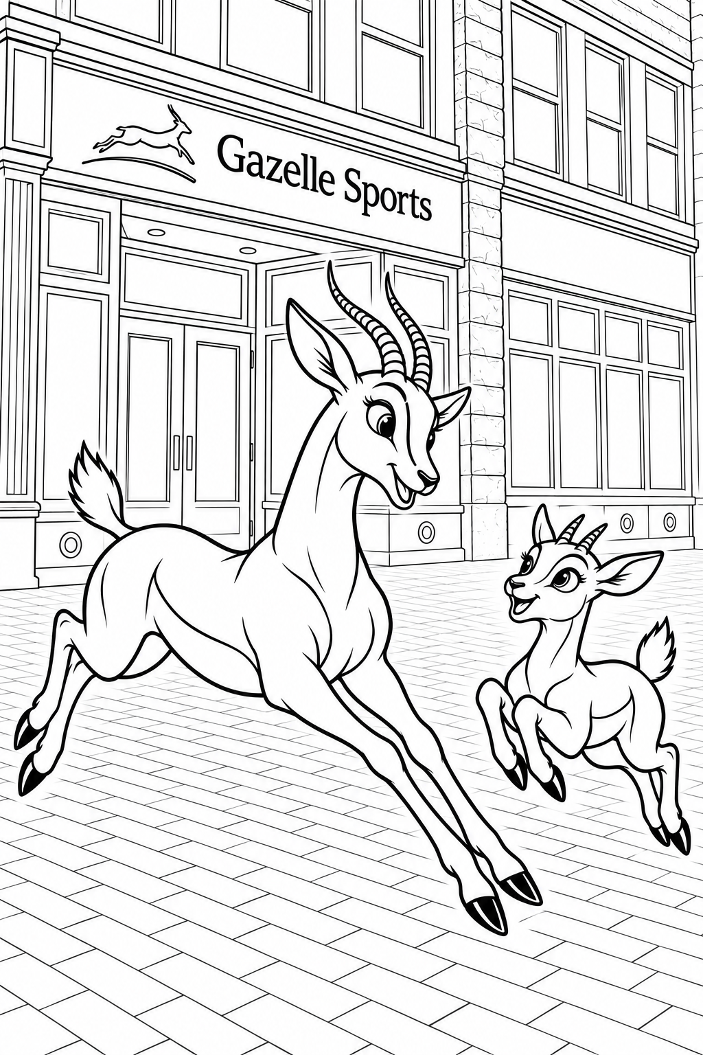 Two expressive gazelles bound past the real Gazelle Sports storefront, the little one joyfully copying the adult’s long stride.
