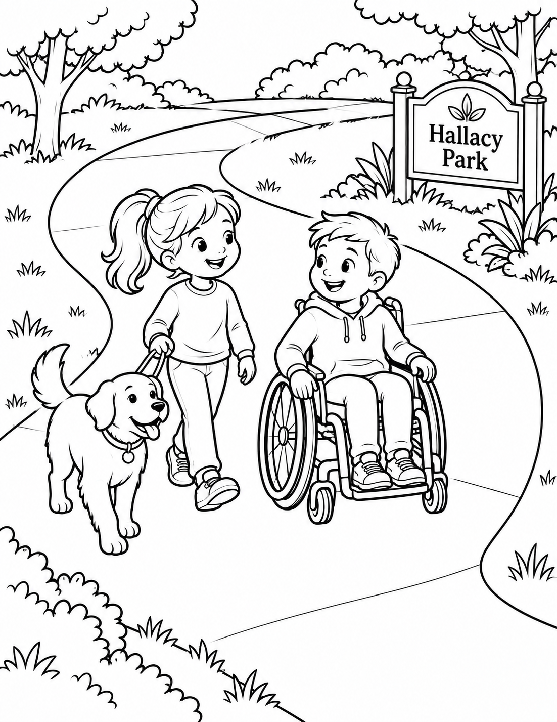 A child and wheelchair user travel with a calm dog on an accessible S-curving park path.