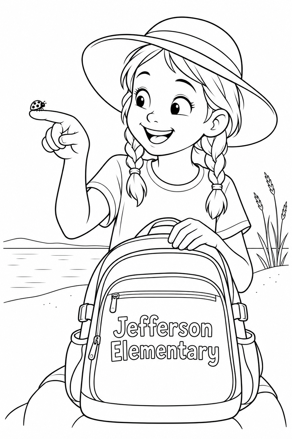 A delighted fourth-grade girl watches a tiny ladybug perched on her raised index fingertip during a lakeshore field trip, with her sunhat above and a large backpack resting upright on her lap below.