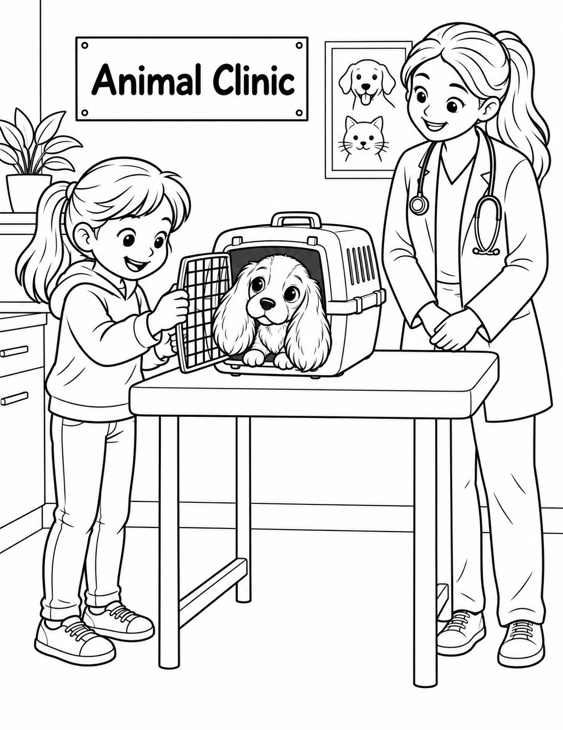 A big-eyed floppy-eared puppy peeks out of an open carrier on an exam table while a smiling girl holds its door and a woman veterinarian welcomes it.