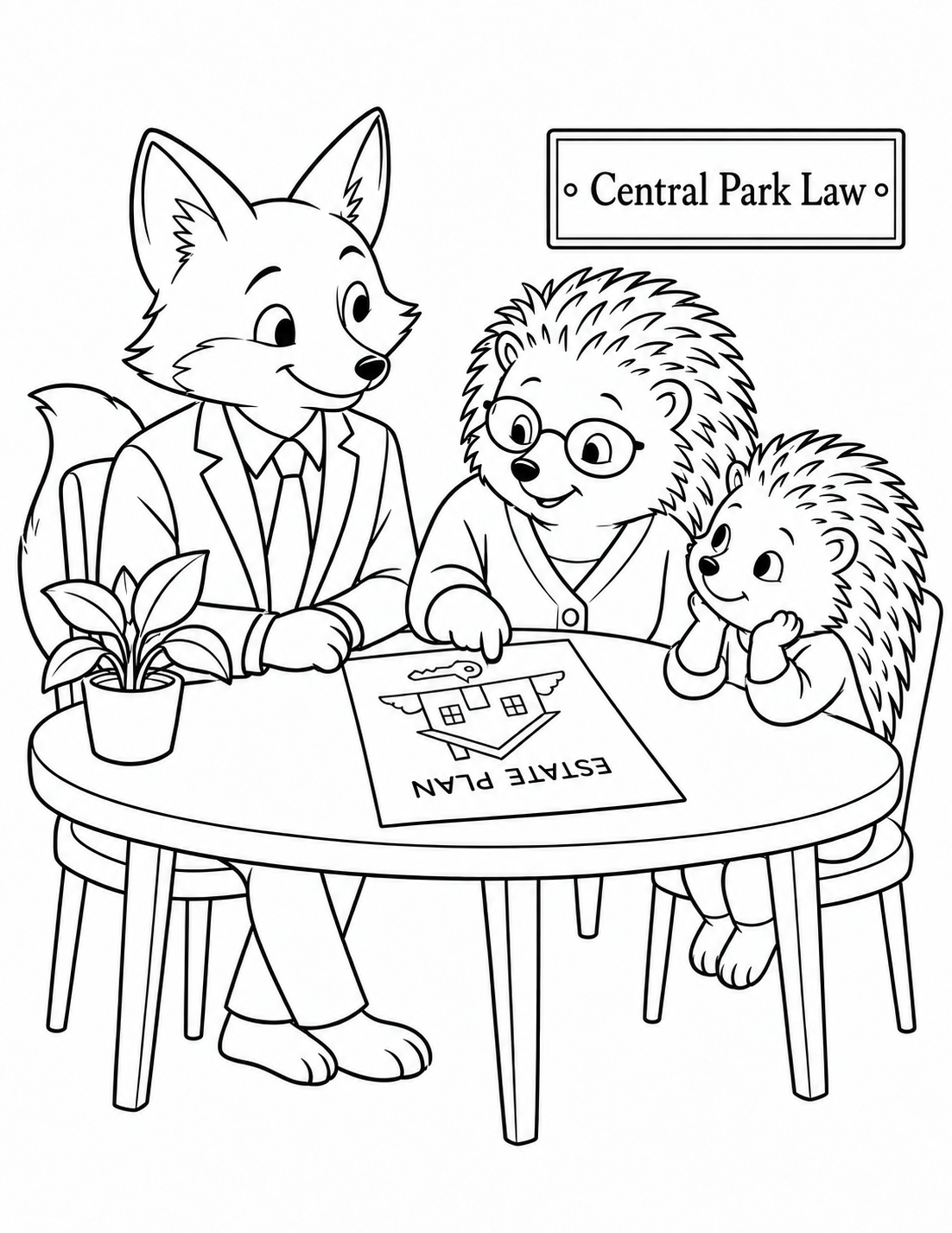 Friendly fox lawyer with two hedgehog clients; estate-plan sheet correctly faces the clients.