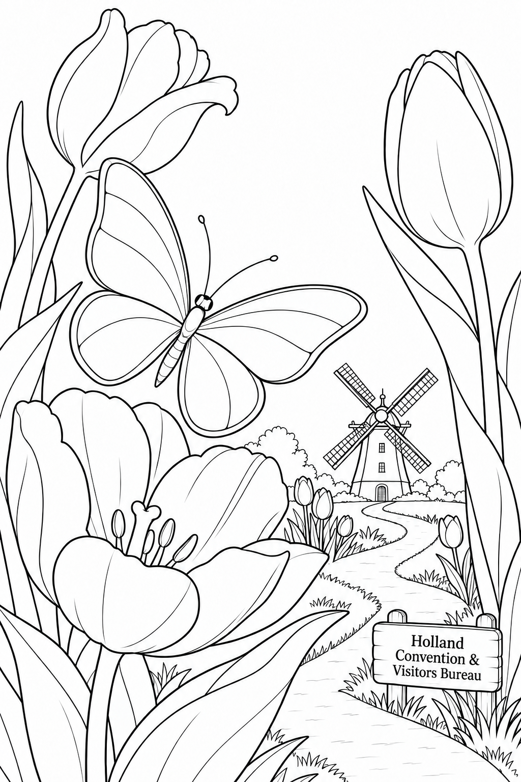 Preserve the large butterfly, sweeping tulip petals and small distant windmill.