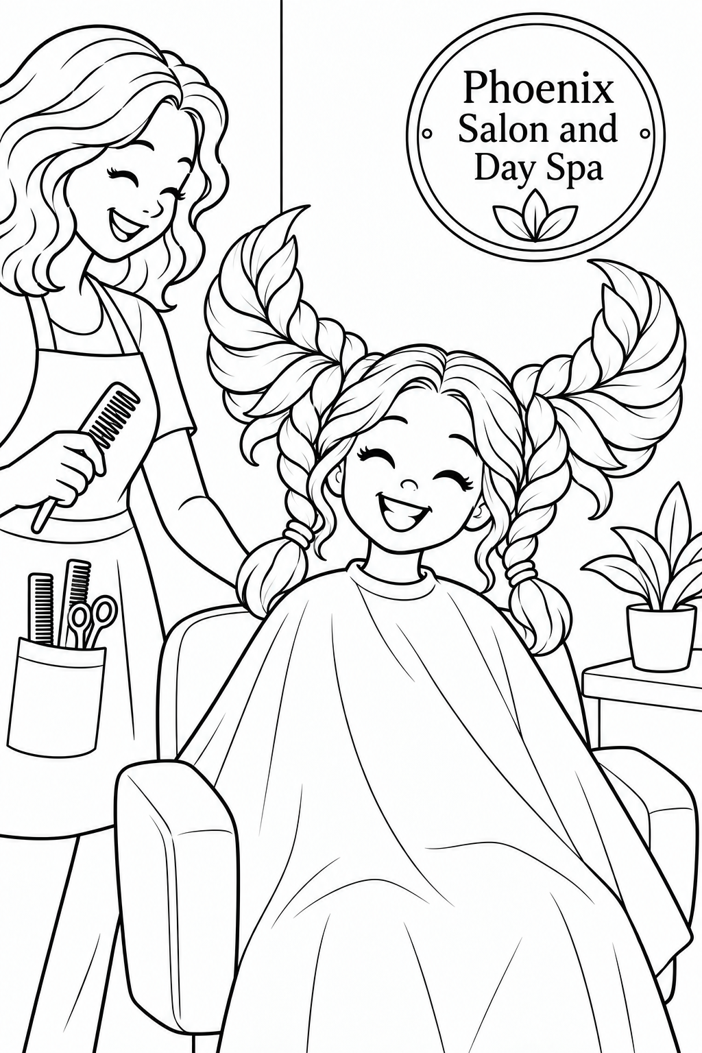 A smiling child in a salon cape wears two thick braids swept outward into broad wing-like loops, while a stylist stands beside the chair holding a comb.