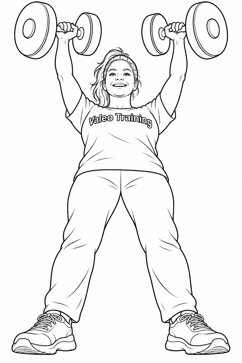A smiling young adult woman in her twenties presses two dumbbells overhead, seen from low near her shoes so the round dumbbell ends tower above her.