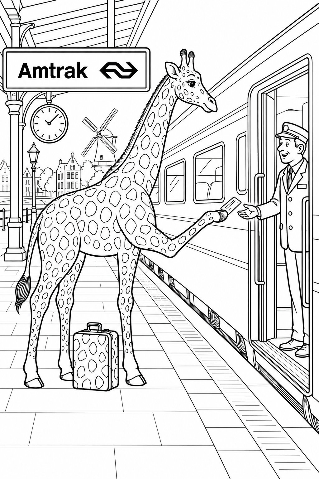 A spotted giraffe stands broadside beside an open passenger-train doorway, bending one long foreleg down and forward to present a ticket.