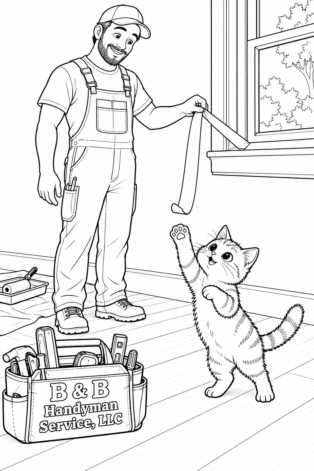 A wide-eyed kitten stretches one paw toward the loose end of painter’s tape while an adult painter peels the strip from a recently painted, dry-to-touch window frame.