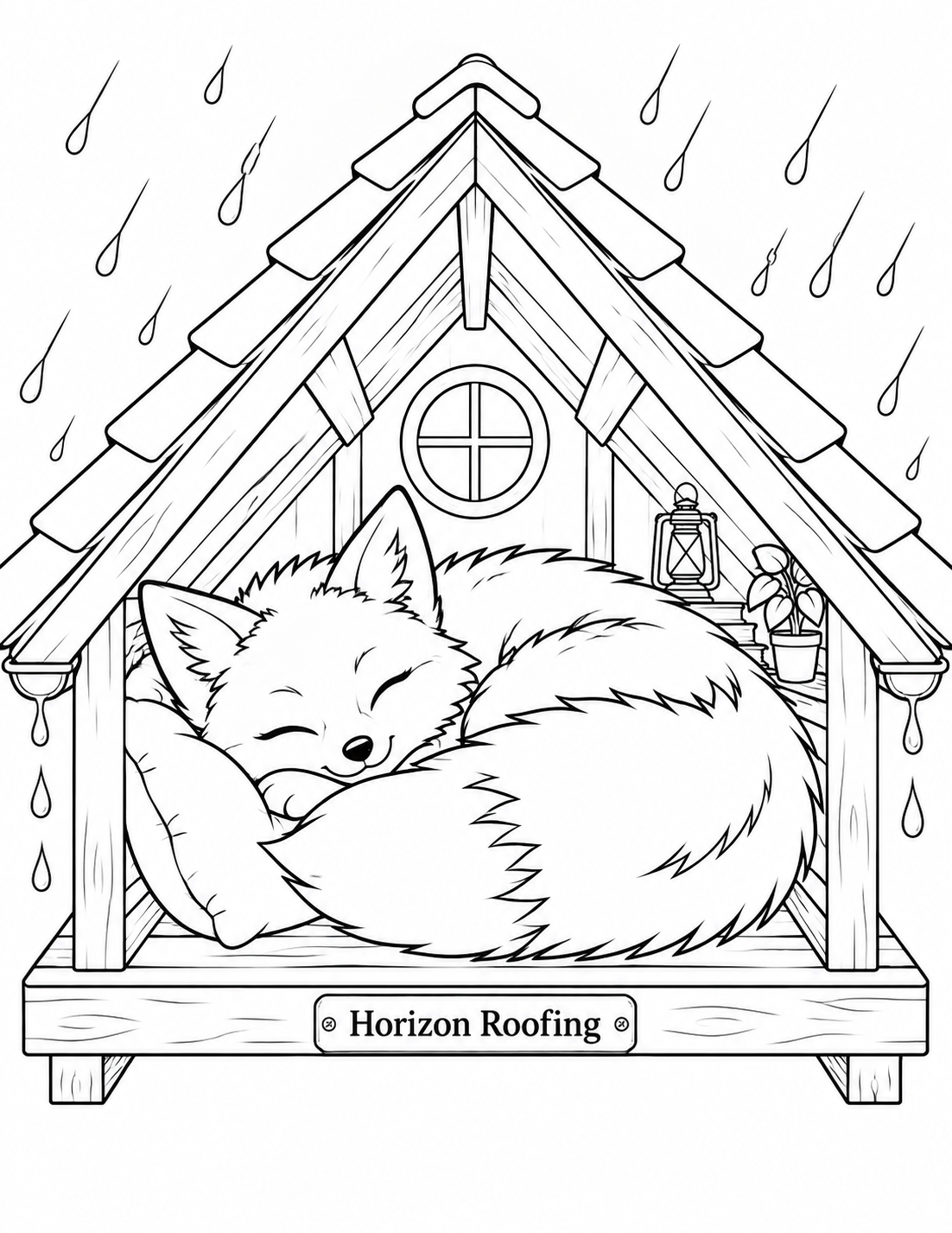 A close-up sleeping fox, its body wrapped in its fluffy tail, fills the width of a shallow attic framed by a protective shingled roof as rain falls outside.