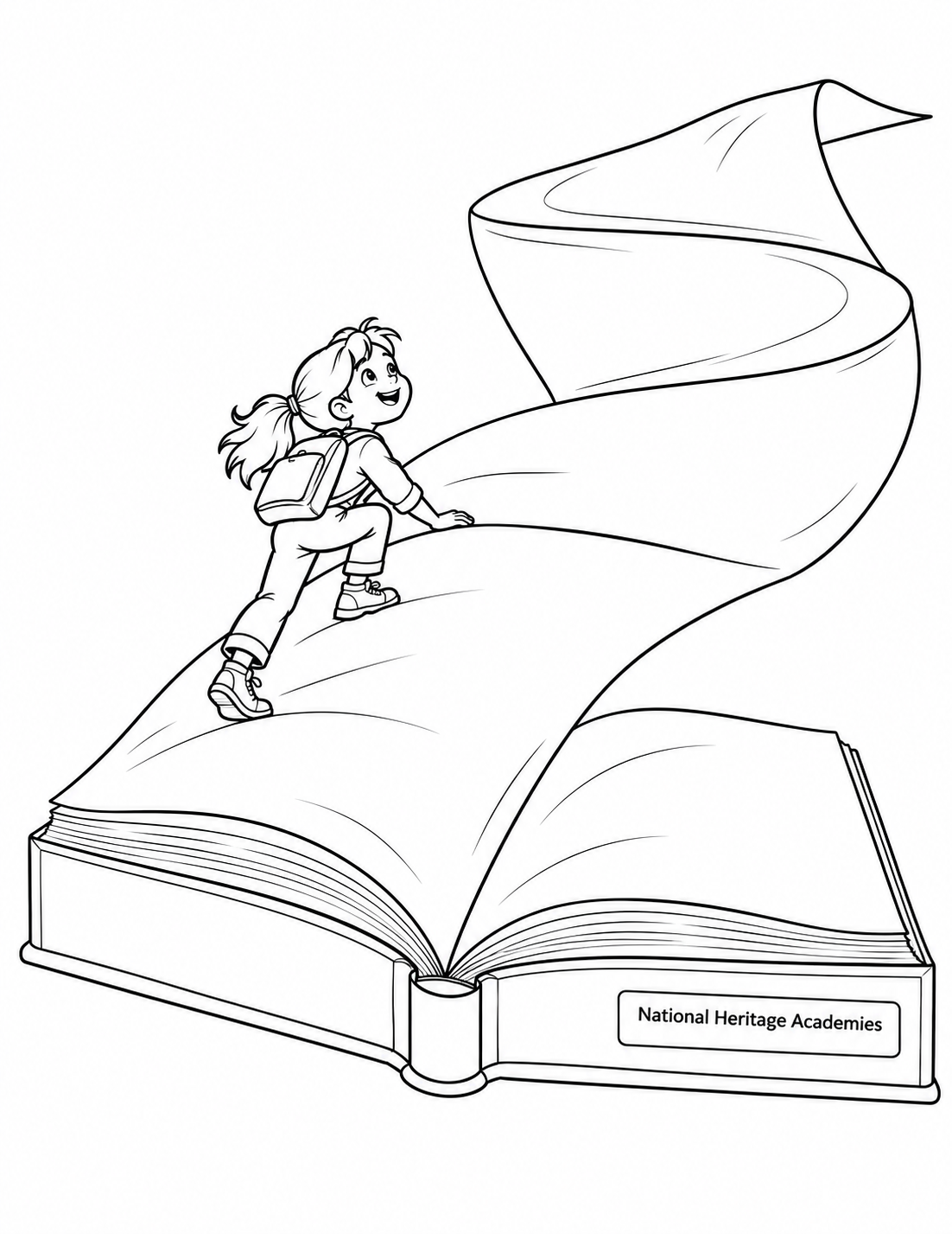 A giant open book becomes a single continuous paper-mountain staircase: one page curls from the broad lower spread into a switchback ridge that rises and sweeps overhead. One expressive child-reader climbs the first turn, small against the page landscape. Keep the page connected to the visible open book; no school building or additional character.