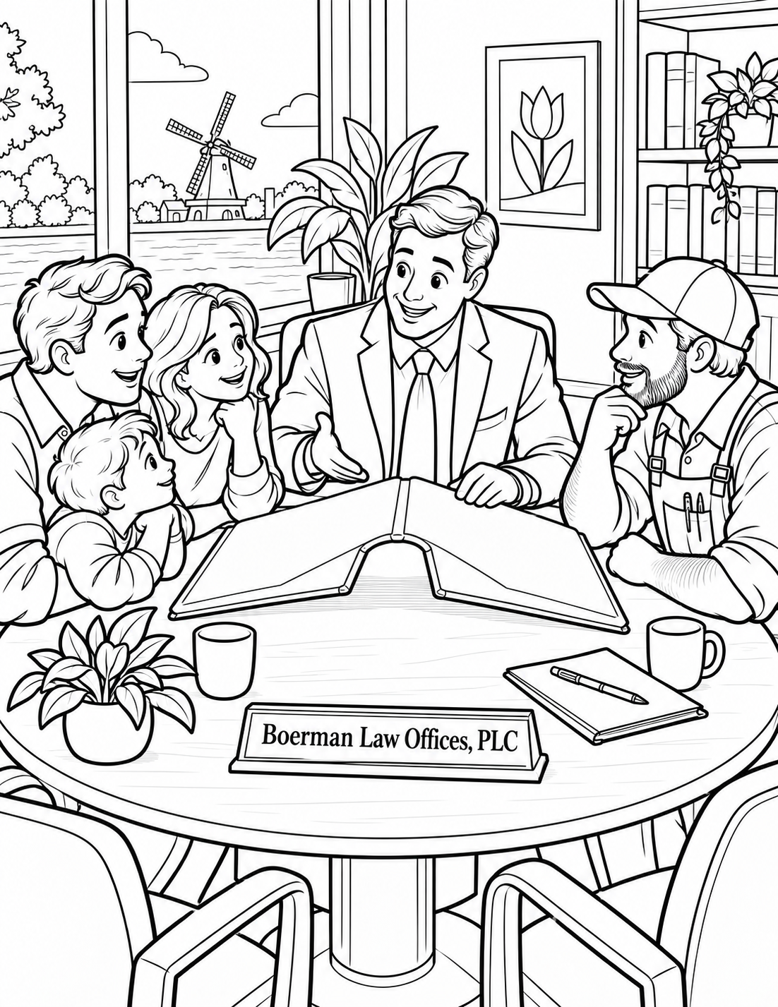 At a wide round table, an attorney helps a family and a small-business owner meet across one large folded-paper bridge that links their two sides without depicting an outcome.