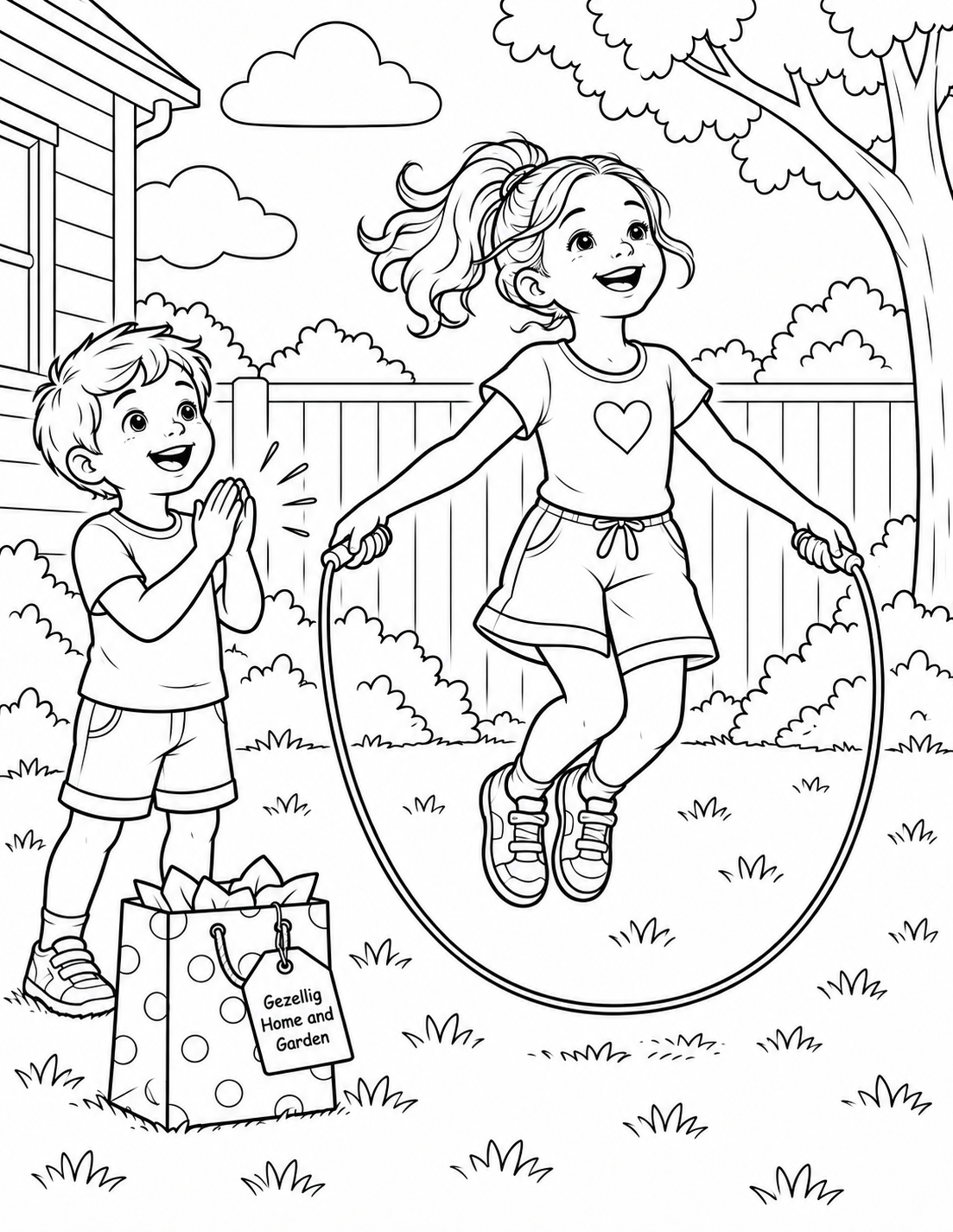 A cheerful girl skips rope in a garden while a younger boy cheers beside a gift bag.