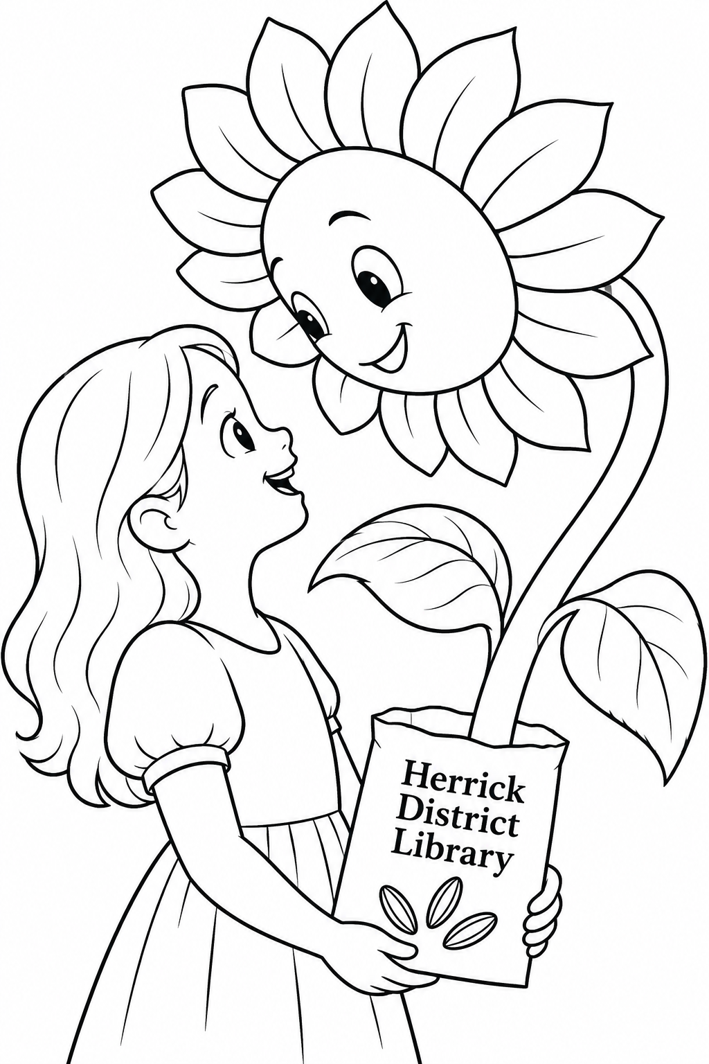 A girl holds a seed envelope while an enormous sunflower springs from its open top, bending its cheerful flower face down until it is nose-to-nose with her.