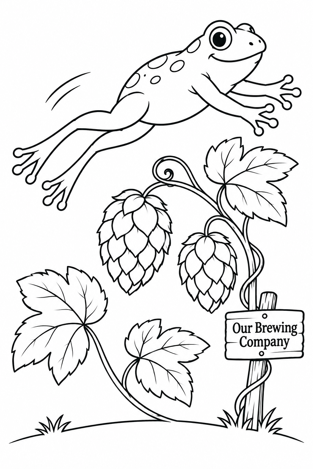 A cheerful frog makes one long, graceful hop above a curling vine with two large hanging hop cones.