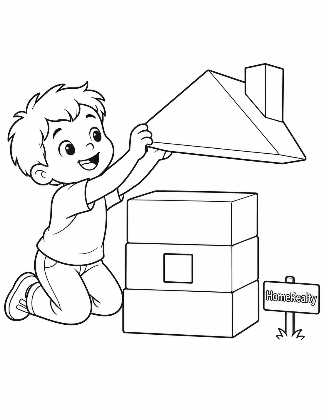 One fictional child catches a single oversized gabled roof block as it slips from a home made of stacked wooden blocks. The chimney is attached to that moving roof block; no second roof or chimney remains on the tower.