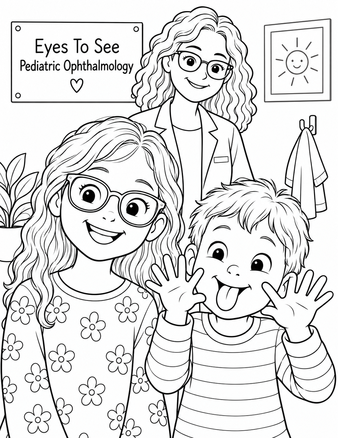 A smiling girl in new round eyeglasses laughs as her younger brother beside her makes a silly tongue-out face with his hands beside his cheeks; a woman eye doctor smiles behind them.