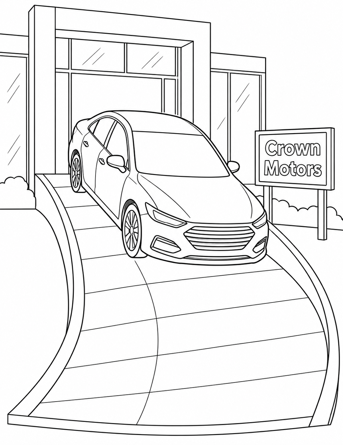 One complete generic car turns down a broad fan-shaped display ramp from a tall open showroom arch; Crown Motors appears once on one freestanding sign.