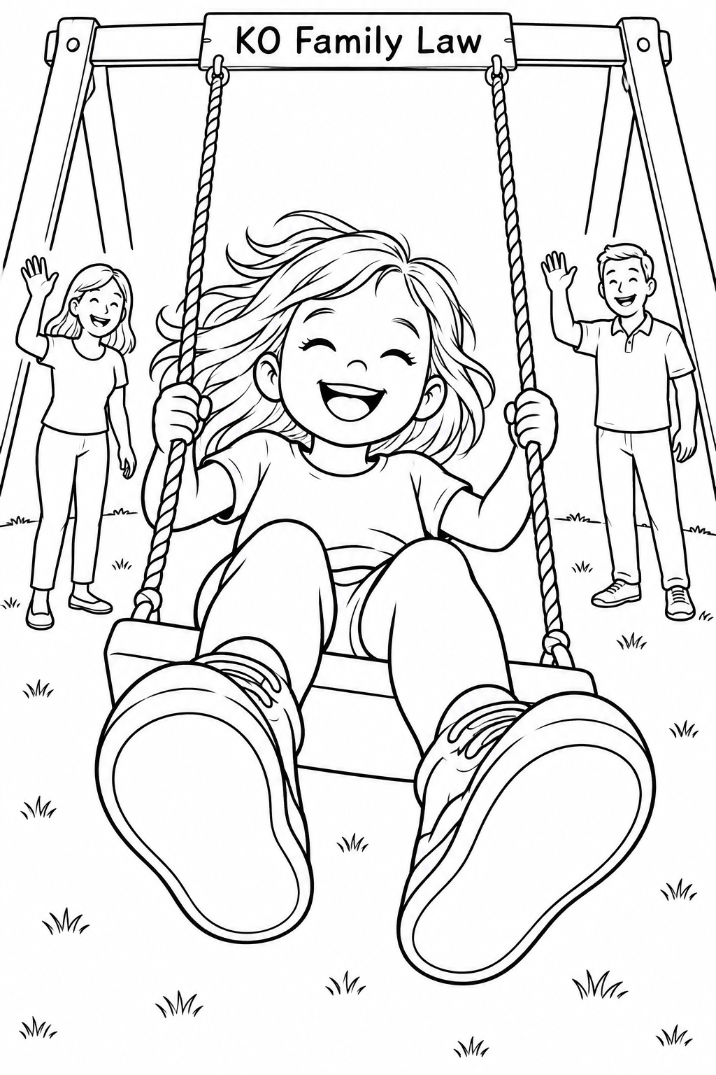 A delighted child swings toward us, with two big sneaker soles in the foreground and two smiling parents waving from behind.