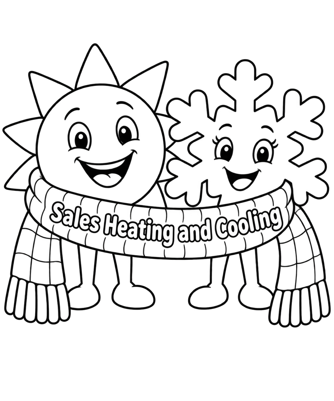 A smiling sun character and a friendly snowflake character stand side by side sharing one long knitted scarf, its broad loop wrapped loosely around both of them.