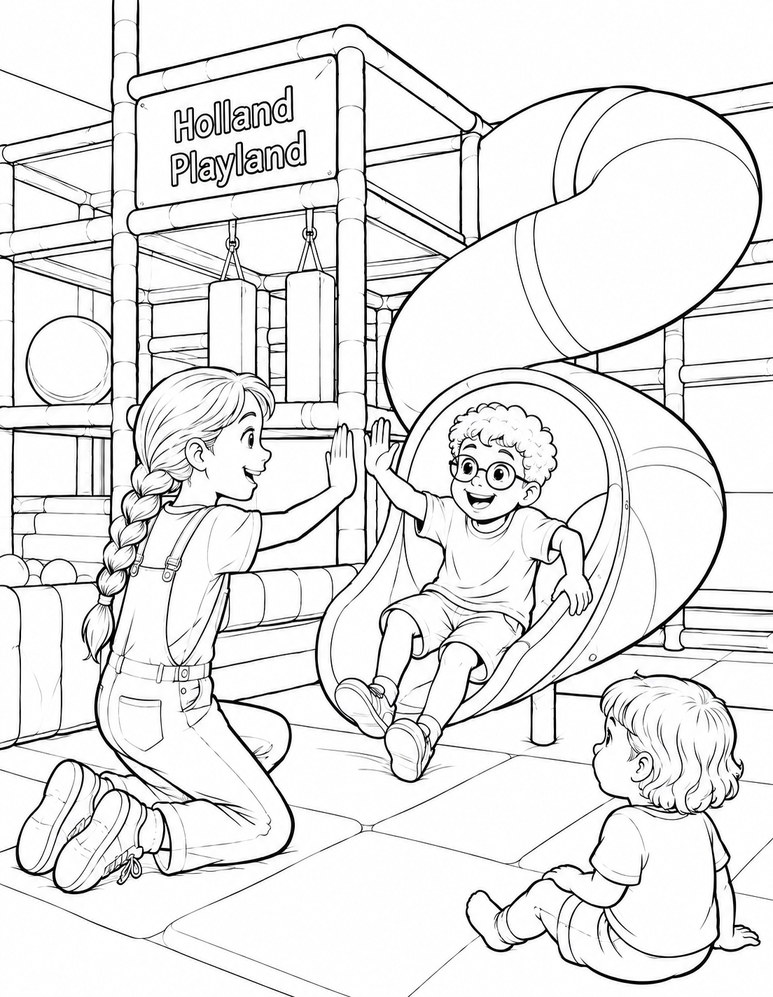 A child emerging from the Playland tube slide reaches for a high-five while another watches.