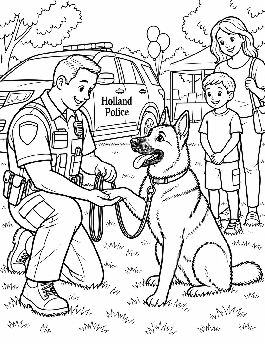 A Holland Police officer demonstrates a calm K9 paw greeting for a child and parent at a community event.