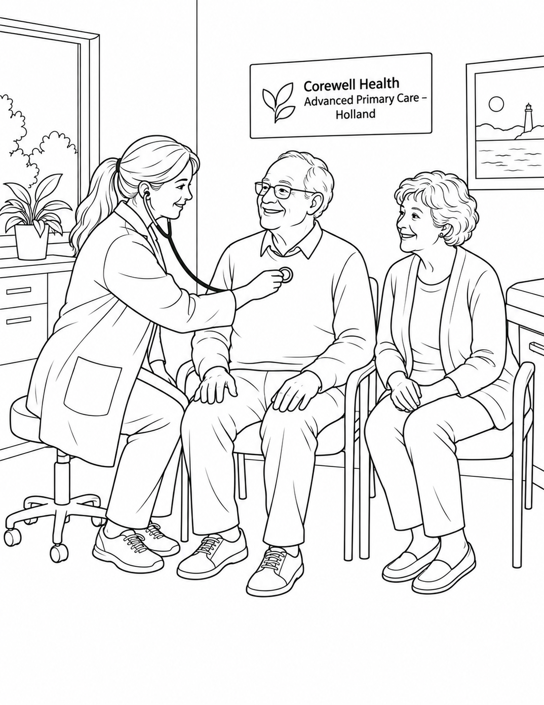 During an imagined primary-care visit, an older adult and clinician share a cheerful moment while listening to a heartbeat.