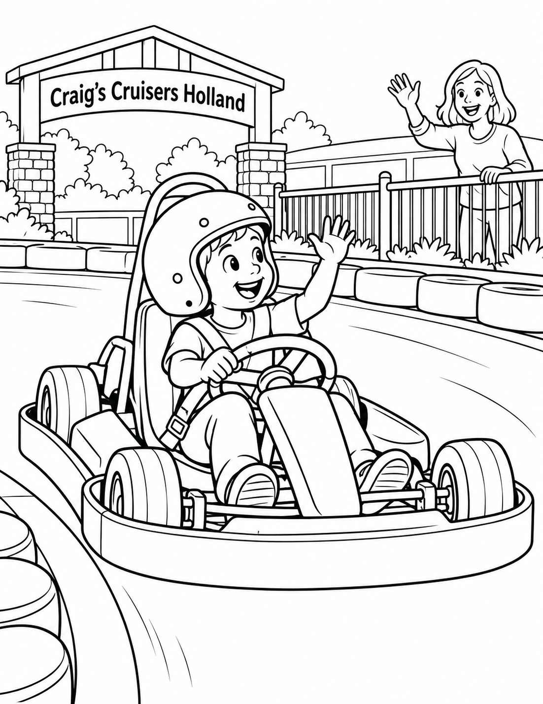 A child in a go-kart rounds a broad bend and waves to a family member at the rail, with the track curve inviting the eye forward.