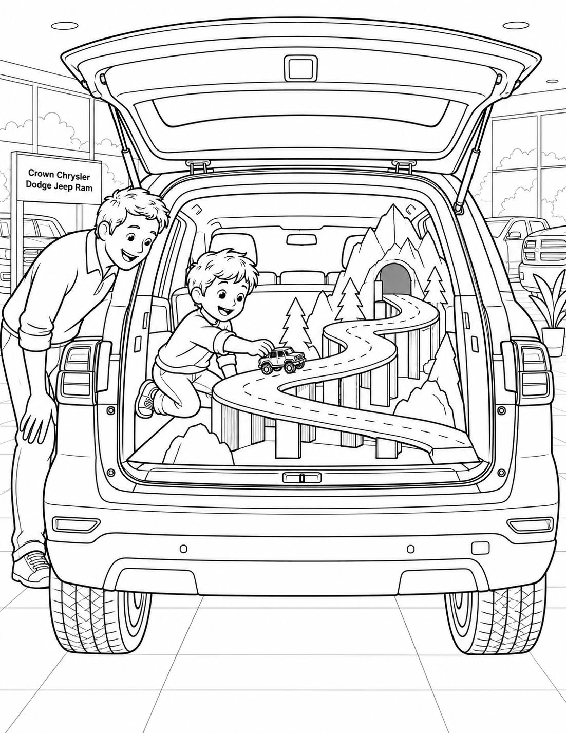 The open cargo area of one showroom SUV holds a broad, winding cardboard mountain road, while a child sends a toy vehicle toward a tunnel at the far end.