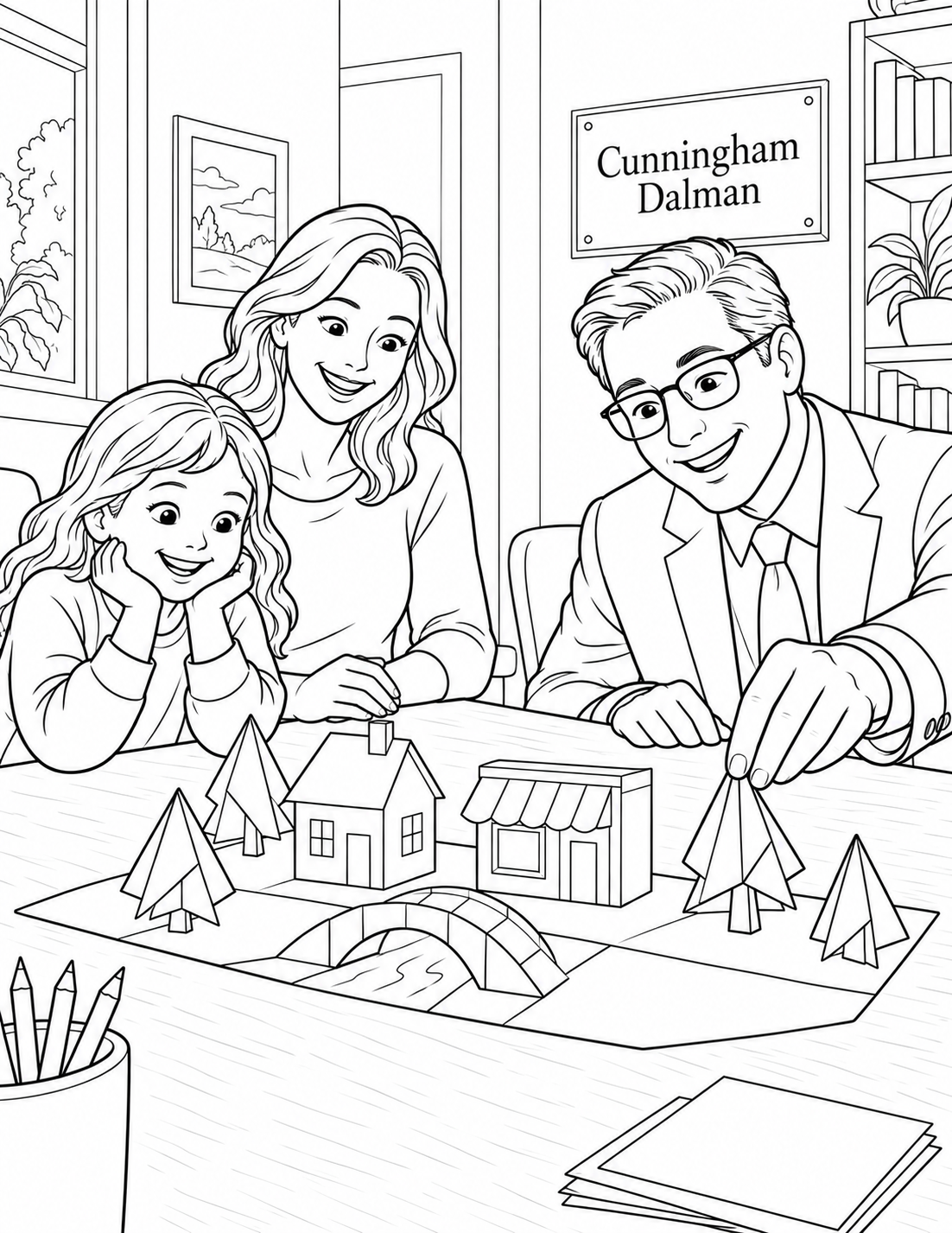 At an attorney’s office, a child and grown-up look at a playful paper model of a neighborhood, suggesting the many ways a community is built.