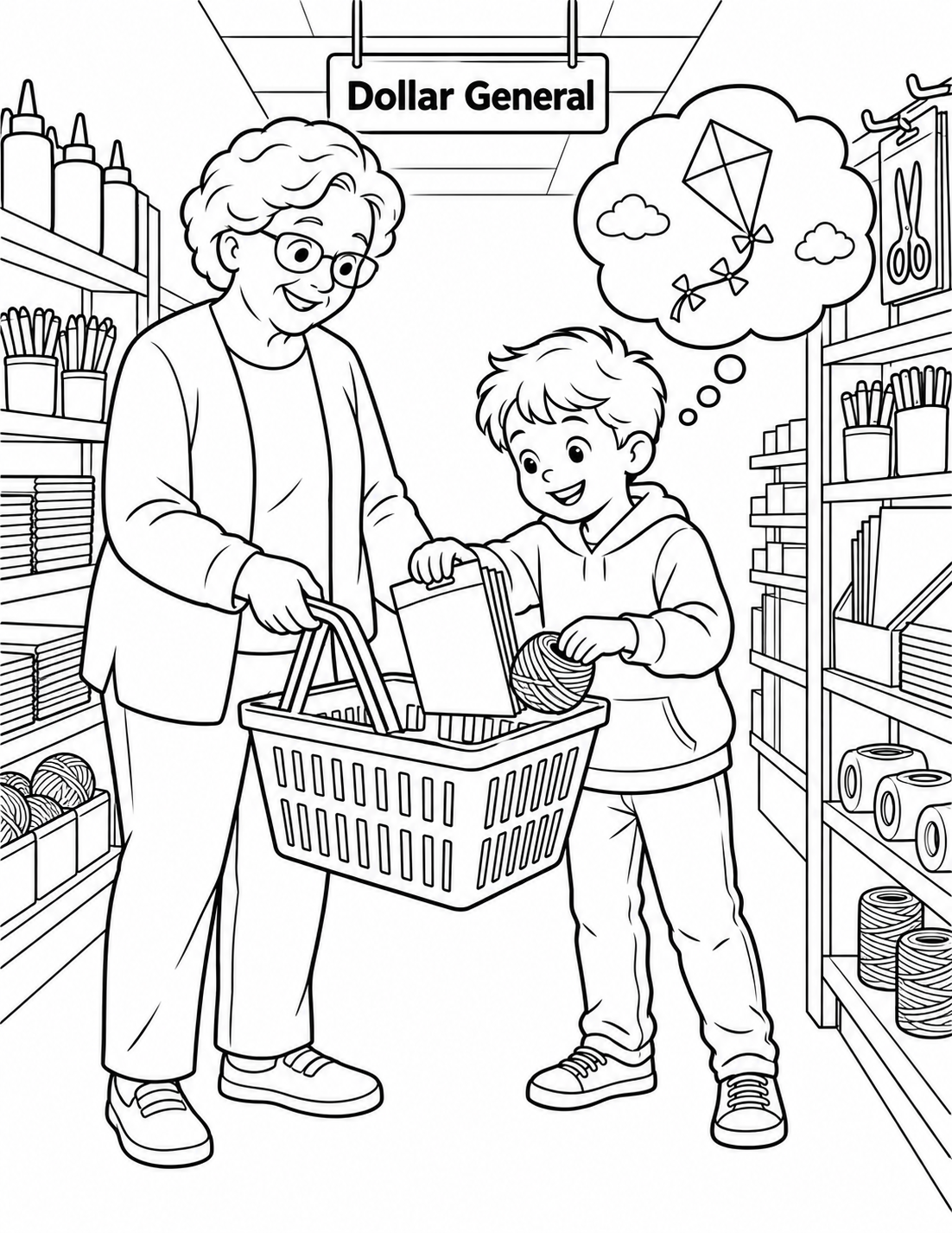 A child and grandparent gather simple craft materials for a homemade kite, with a kite shape imagined above the basket.