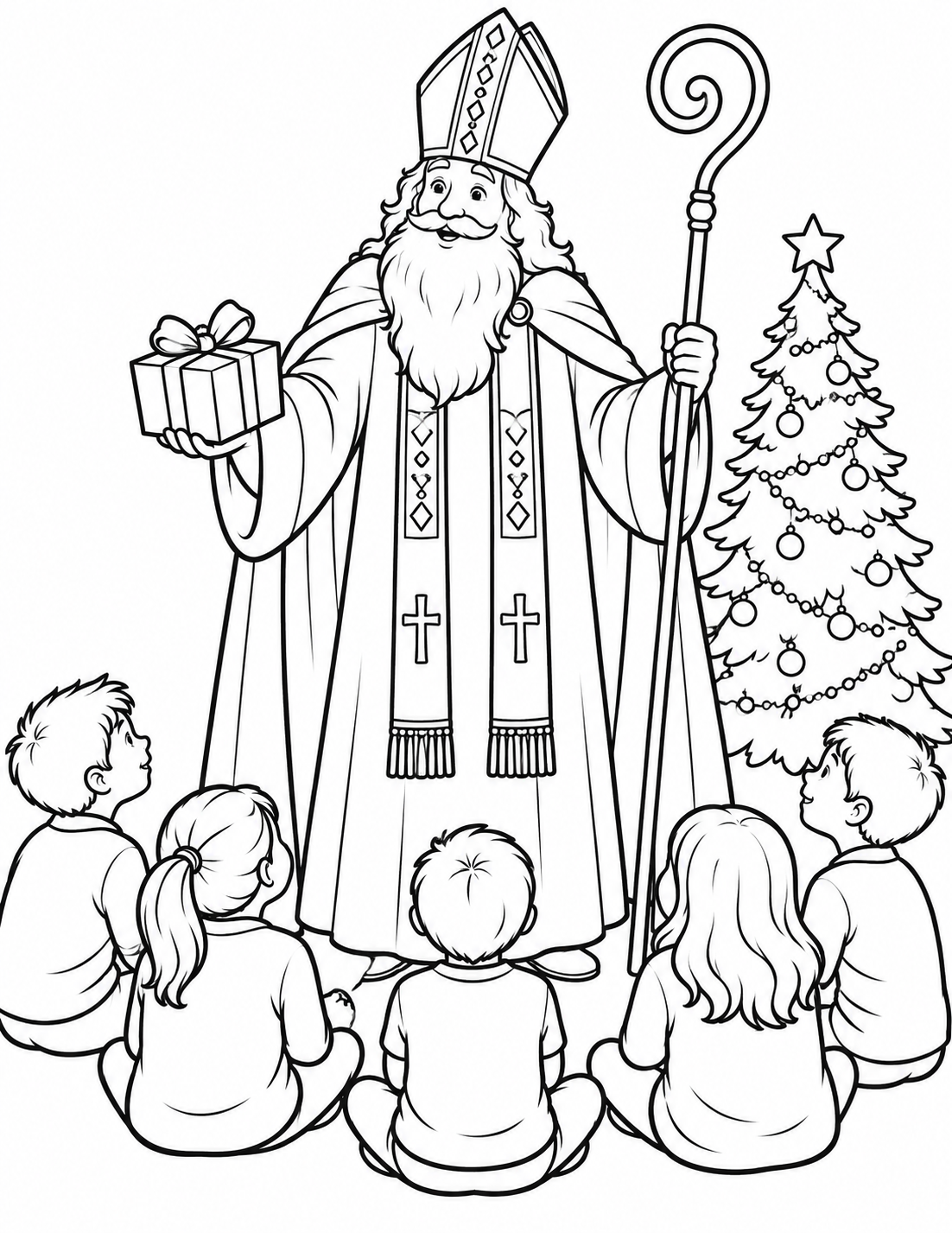 Sinterklaas holds a wrapped gift and his curved staff as five children sit beside a decorated tree.