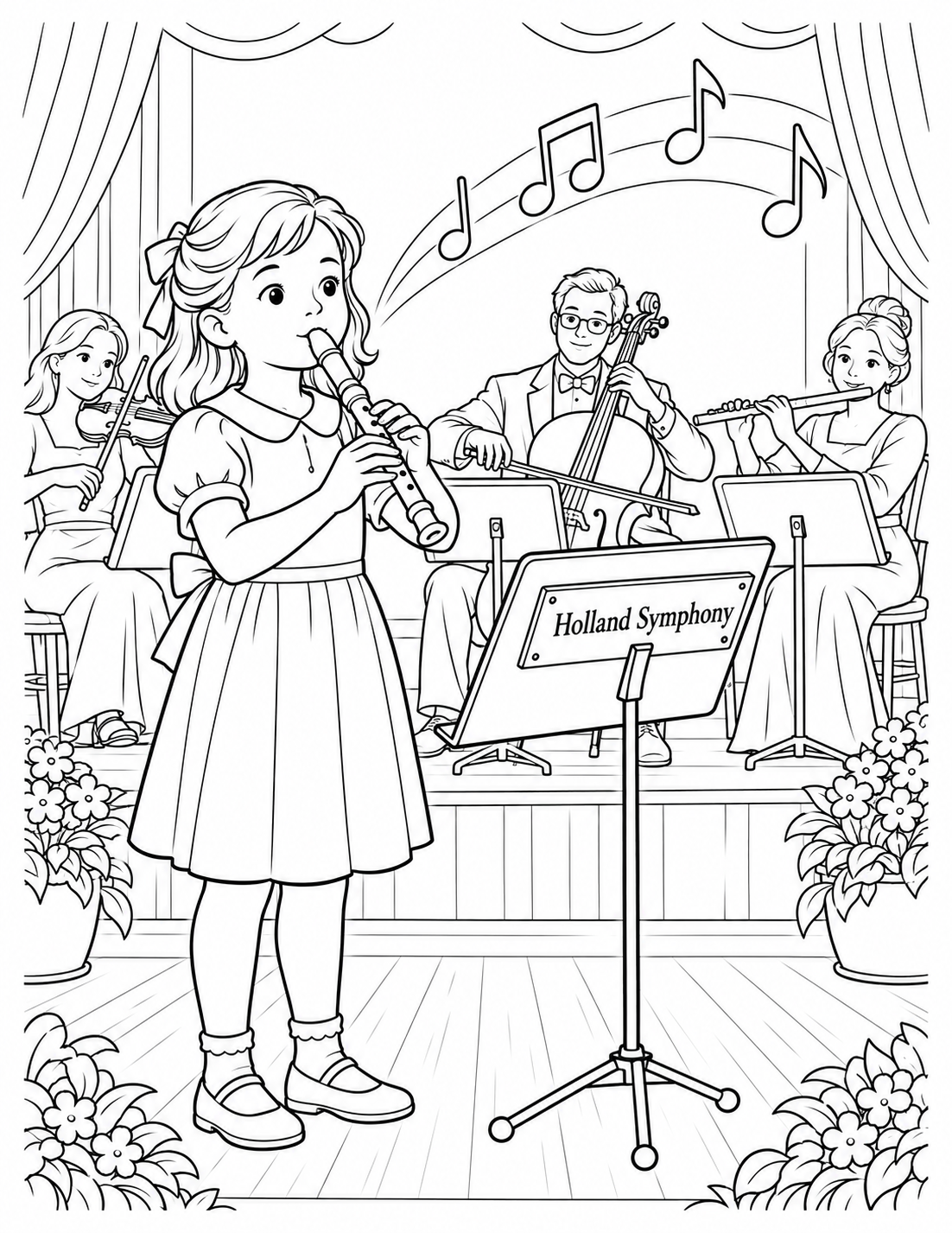 A young recorder player raises the instrument to play as a broad ribbon of a few music notes curls toward a small orchestra onstage.