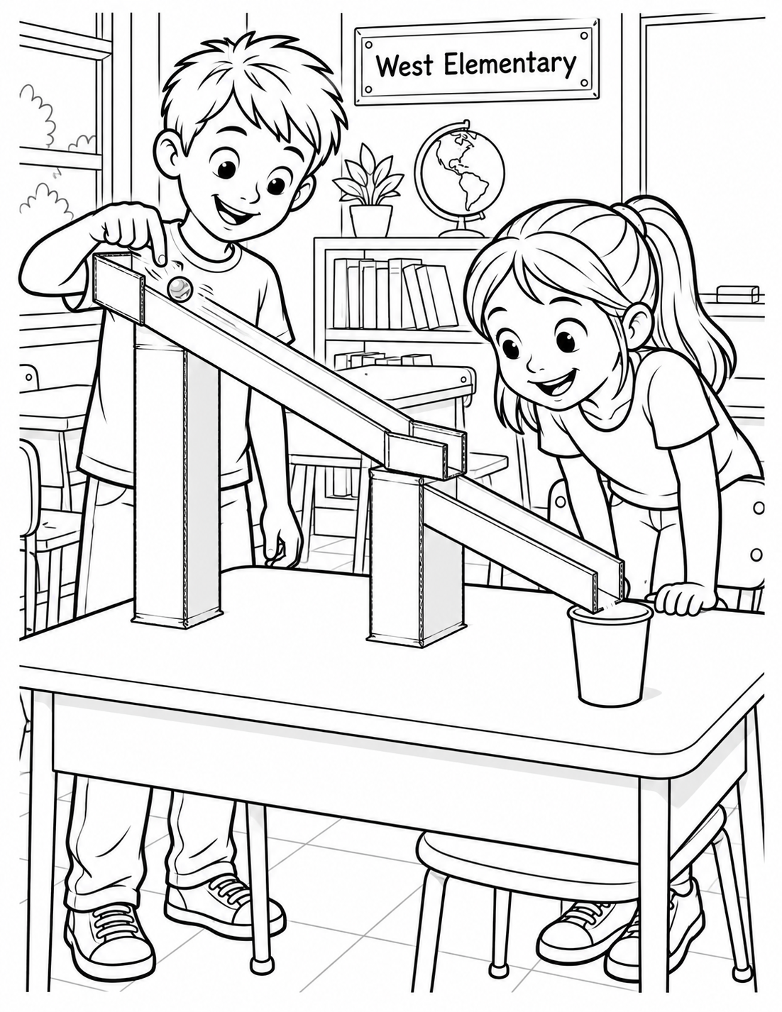 In a classroom, a child releases one marble into a broad cardboard run that curves down to a waiting cup while a classmate watches the finish.