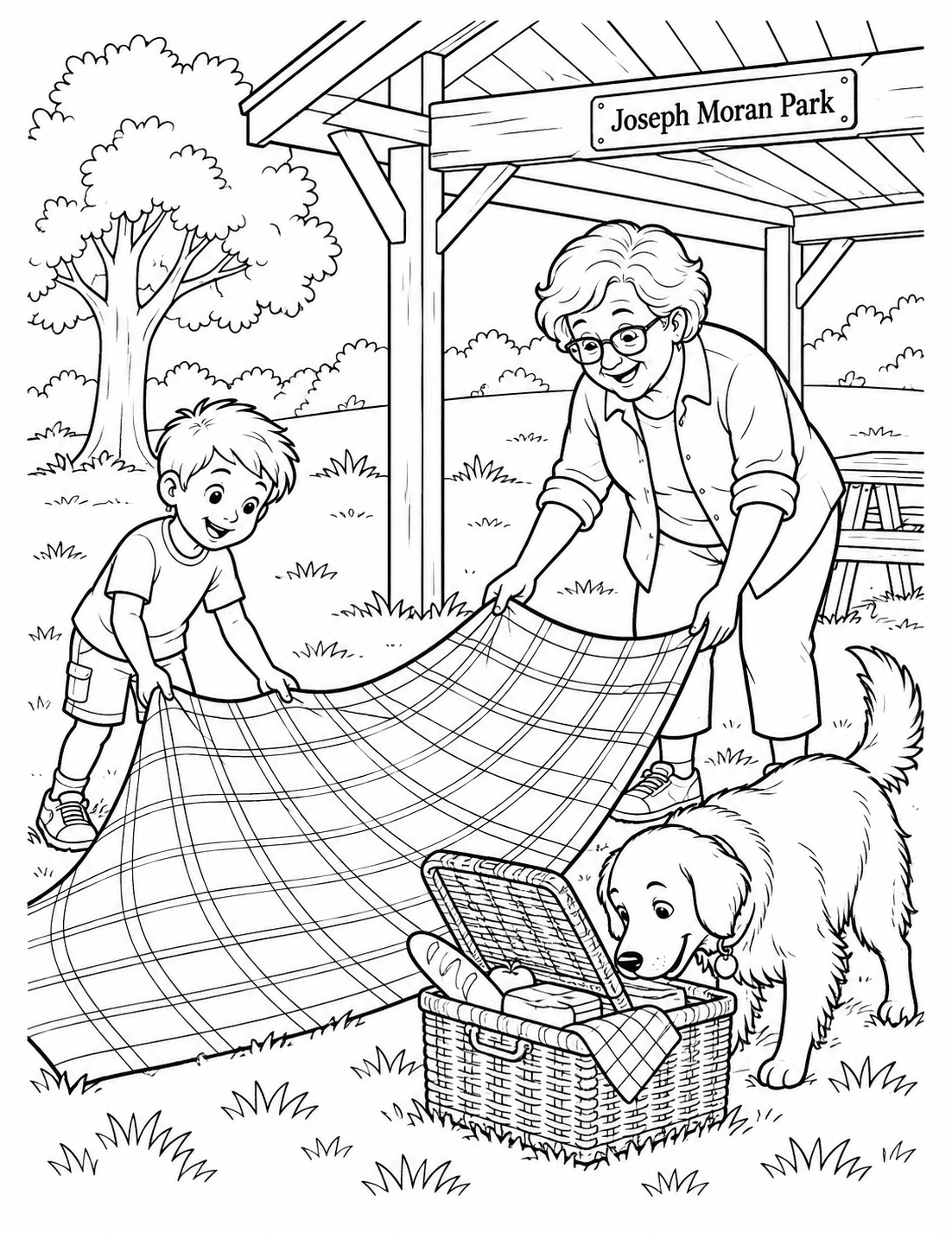 Under a simple park picnic shelter, a child and grandparent unfold a blanket as their friendly dog noses toward an open picnic basket.