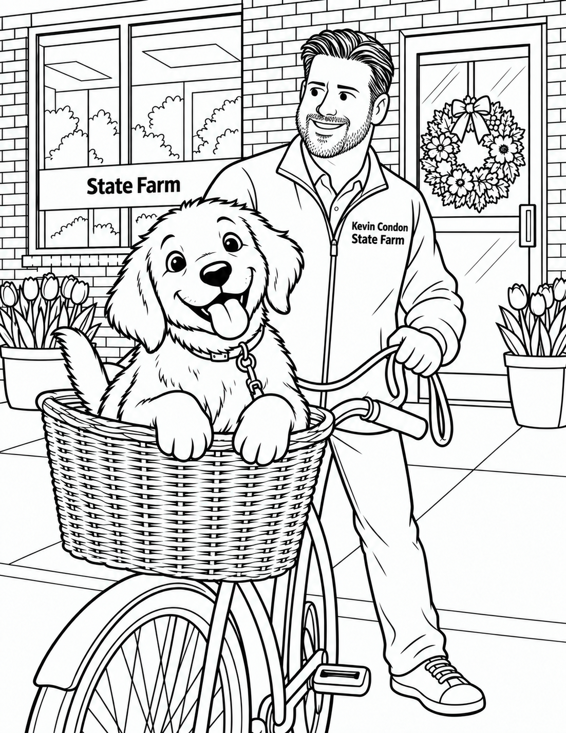 Kevin Condon stands with a friendly puppy riding in a bicycle basket outside the State Farm office.
