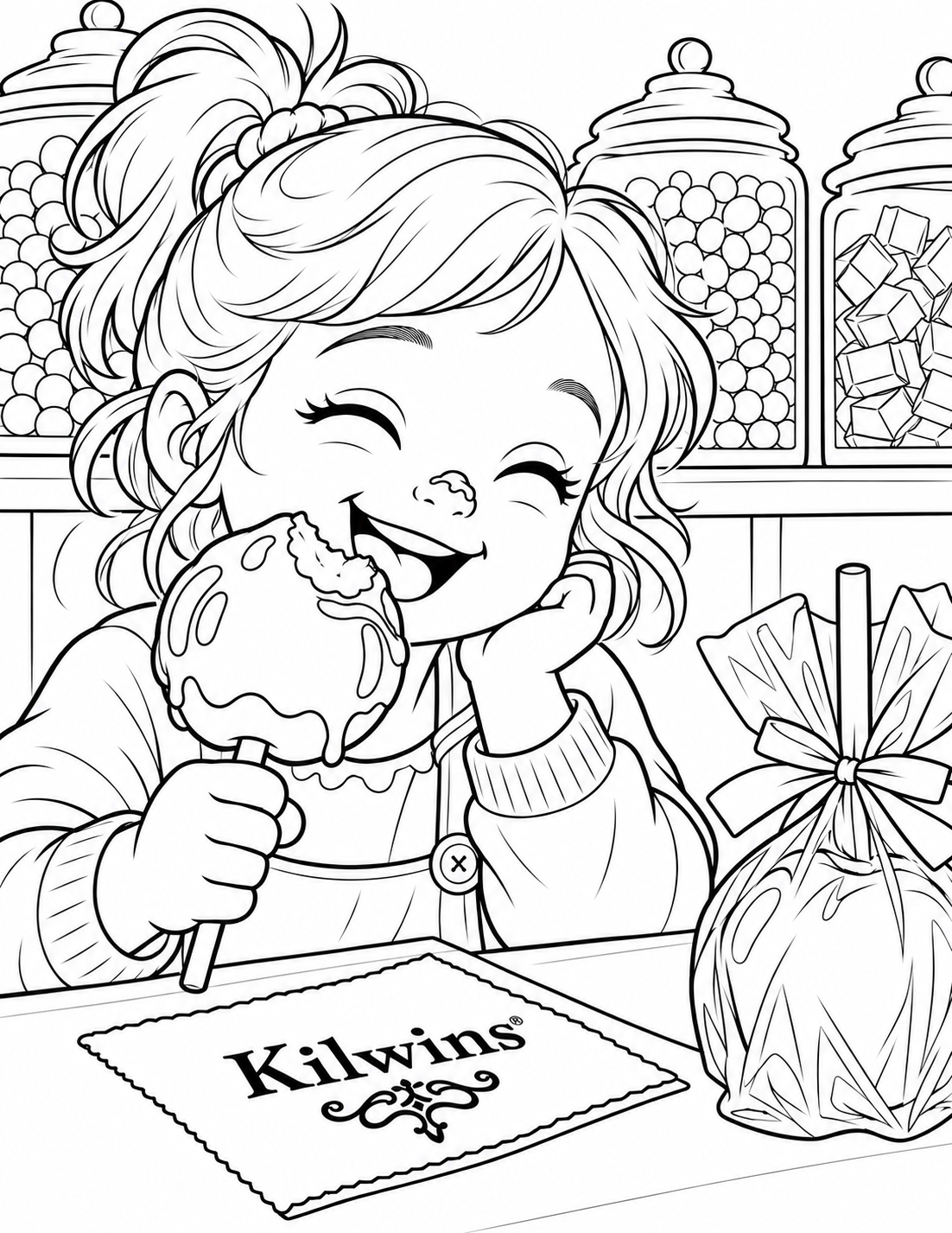 A girl laughs after taking a bite of her caramel apple, with a little caramel on her nose and a Kilwins napkin on the counter.