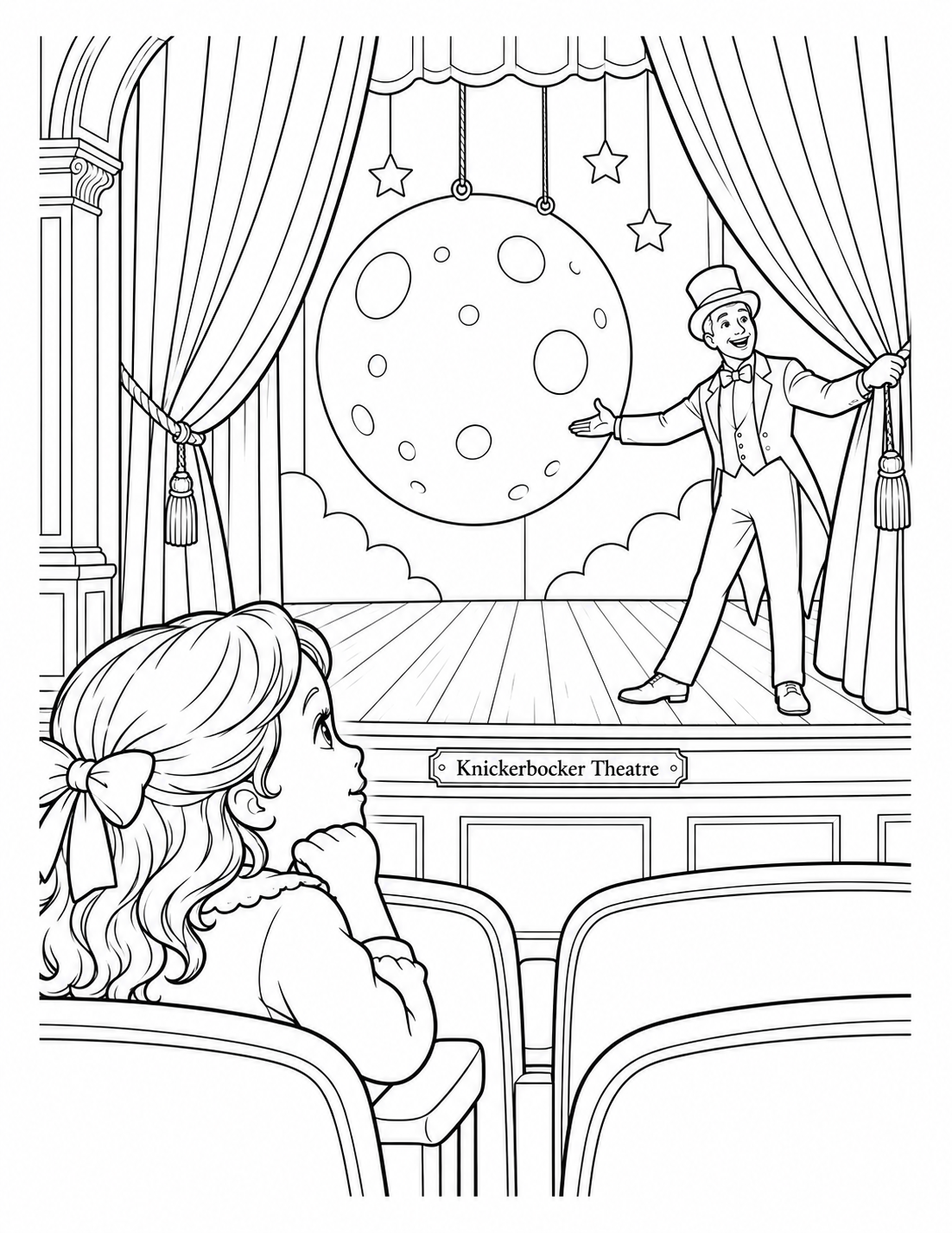 From the first audience row, a child watches a performer open a broad theater curtain to reveal a huge paper moon onstage.
