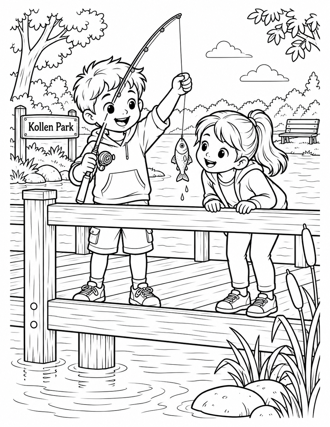 At a simple fishing deck, one child lifts a small fish from the water while a friend leans close to see the catch.