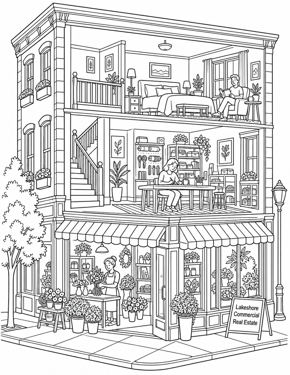 A cutaway corner building reveals a flower shop, a craft studio and a bedroom with a reader.