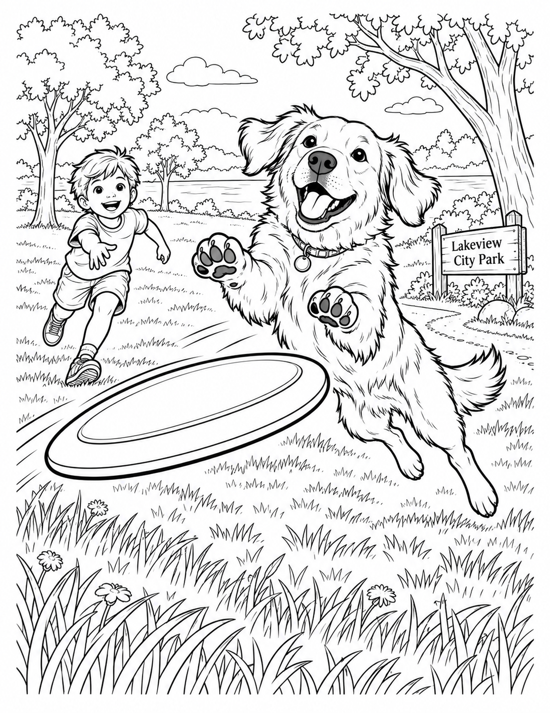 At grass level in Lakeview's open field, a frisbee sweeps close to the viewer as a dog leaps to catch it and a child follows its flight.