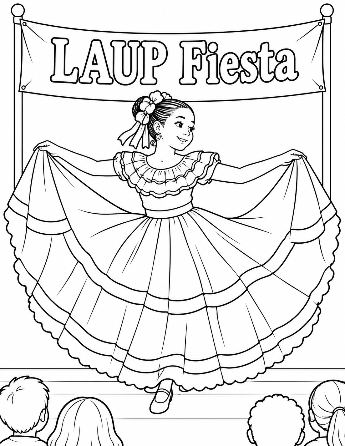 A joyful folklórico dancer lifts both sides of a broad ribbon-banded skirt onstage beneath a supported LAUP Fiesta banner, with audience heads along the lower edge.