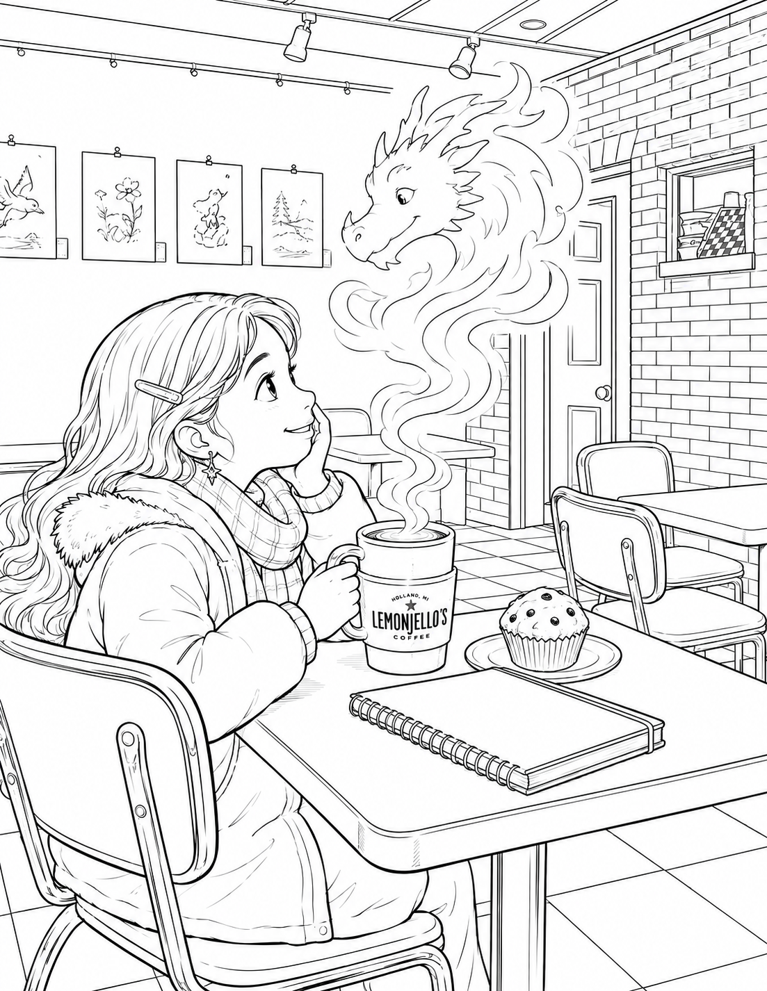 A friendly dragon curls out of hot-chocolate steam in an imagined visit to Lemonjello’s Coffee.