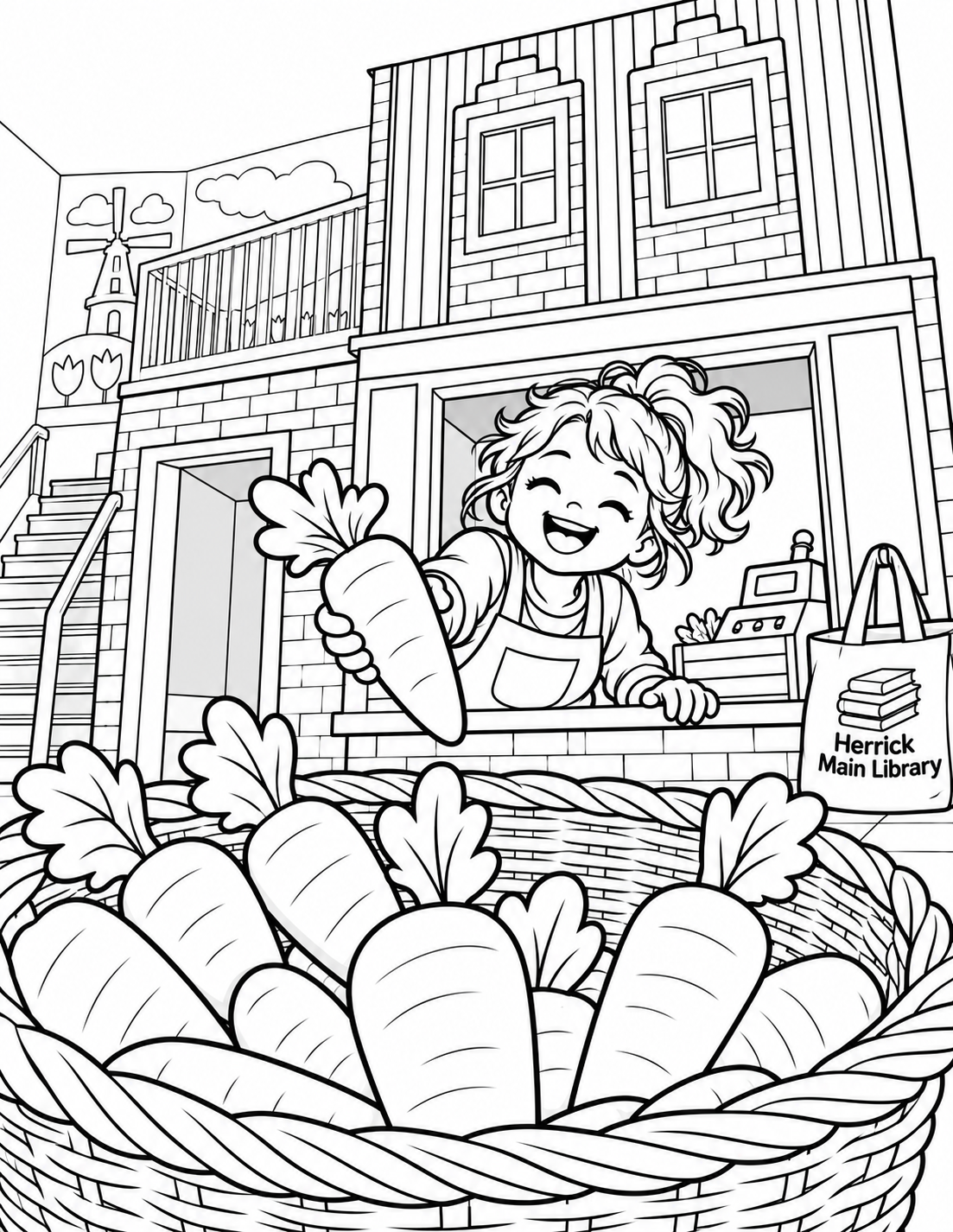 From floor level, an enormous wicker basket of chunky wooden play carrots fills the lower foreground. Beyond it a delighted child in a pretend shop apron leans through the real play village's blue-edged serving hatch; its red siding, two-story balcony and stair remain recognizable. The oversized foreground basket makes the viewer a customer in the child's tiny shop.