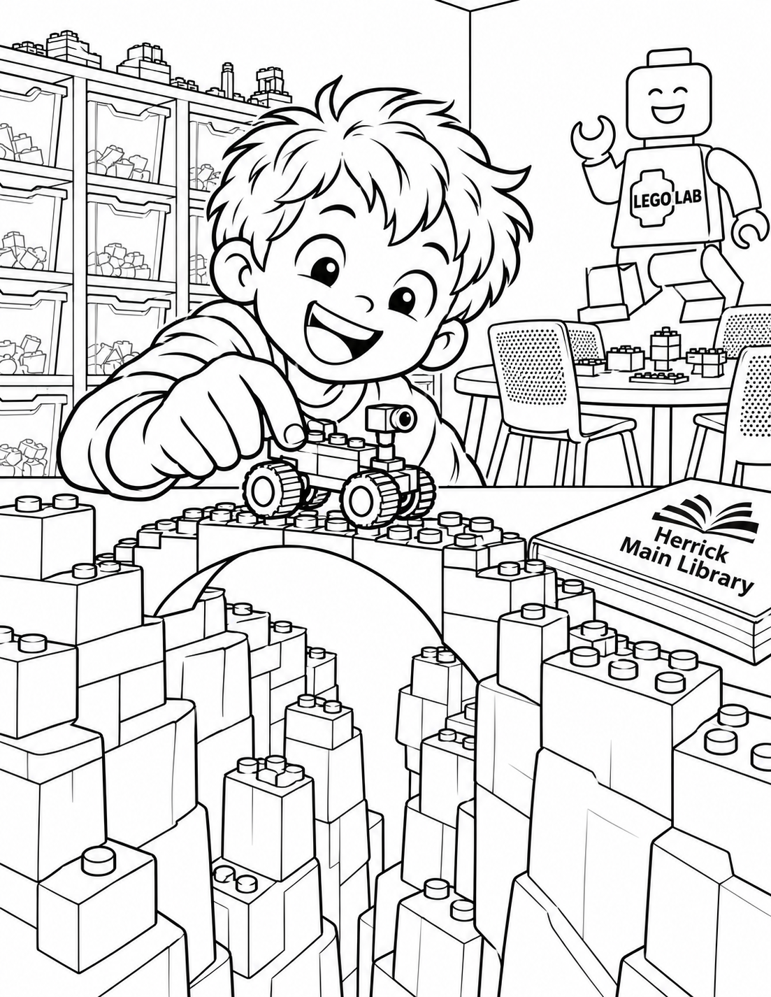 At toy-wheel height, a chunky brick rover crosses one arched LEGO bridge above a deep pretend canyon made of widely spaced stacked bricks. A child's delighted face rises beyond the far table edge, enormous relative to the toy scene. The photographed LEGO Lab storage bins establish the real room without filling the page with tiny parts.