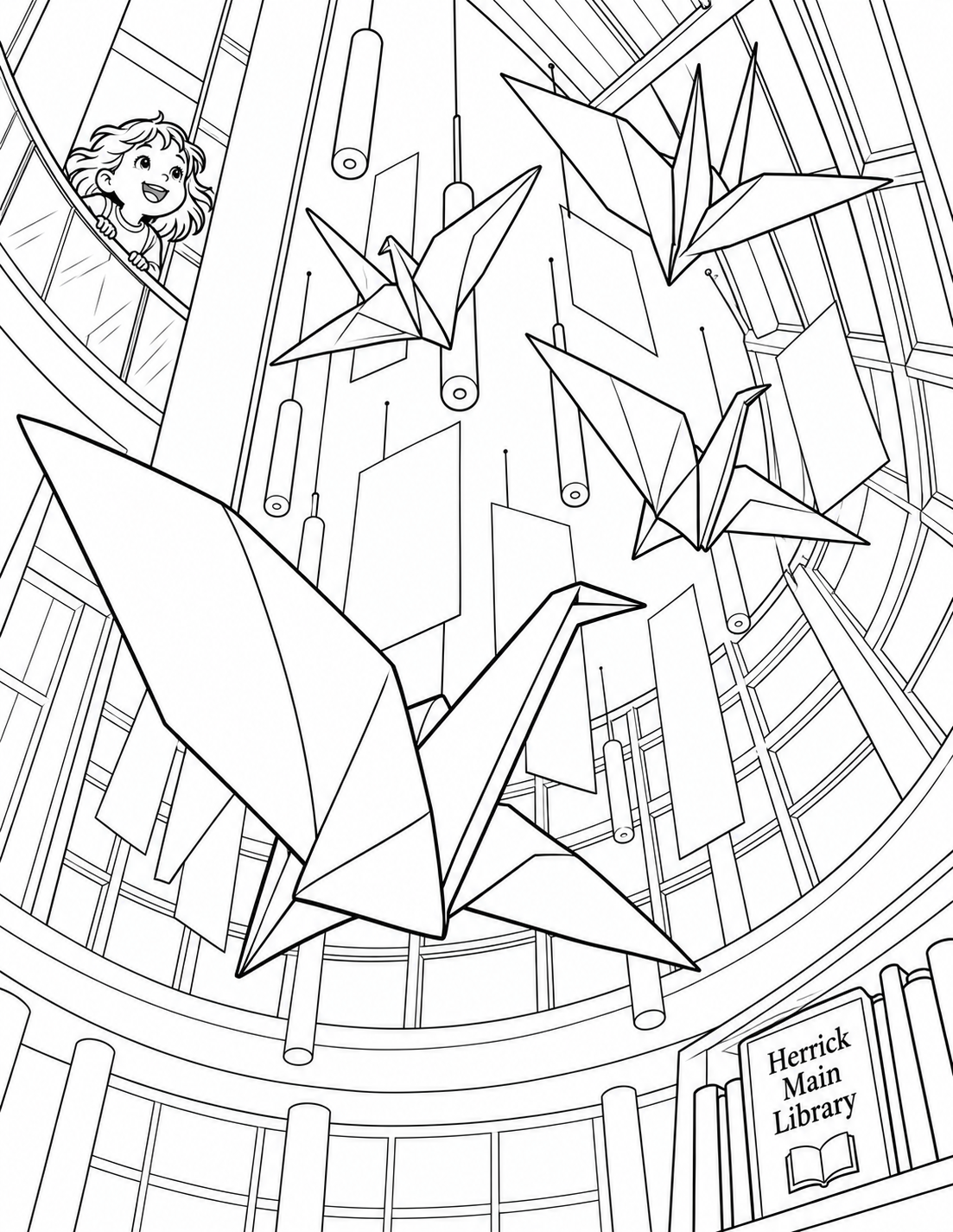 Look almost straight upward toward Main's high atrium ceiling and curved upper glazing. Five enormous folded paper birds sweep in a rising curve across the open atrium, with broad blank wings and clean folds. The photographed suspended rectangular panels and curved glazing stay distinct behind them. One small child at the upper glass railing watches the imagined migration.