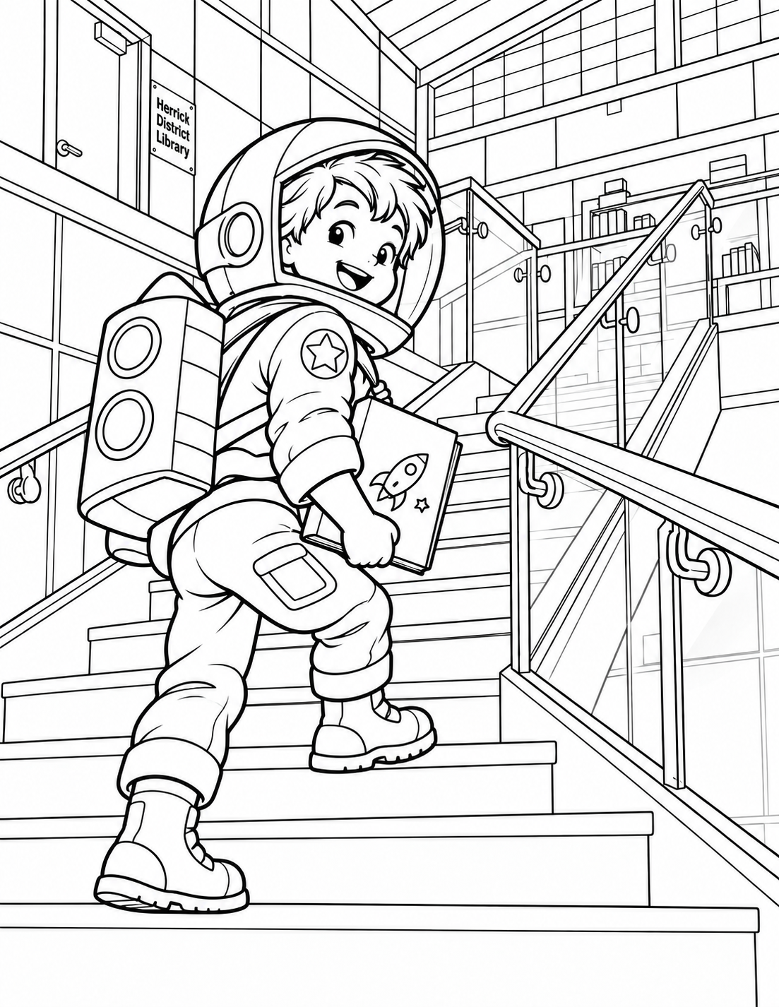 At the foot of Main's photographed glass-railed staircase, a child wearing a homemade astronaut helmet and rounded cardboard backpack takes one triumphant upward step. The nearest boot is large in the foreground; wide treads and sweeping glass rail lead to the child's smiling face and the bright upper level. This is pretend moon exploration inside the real library.