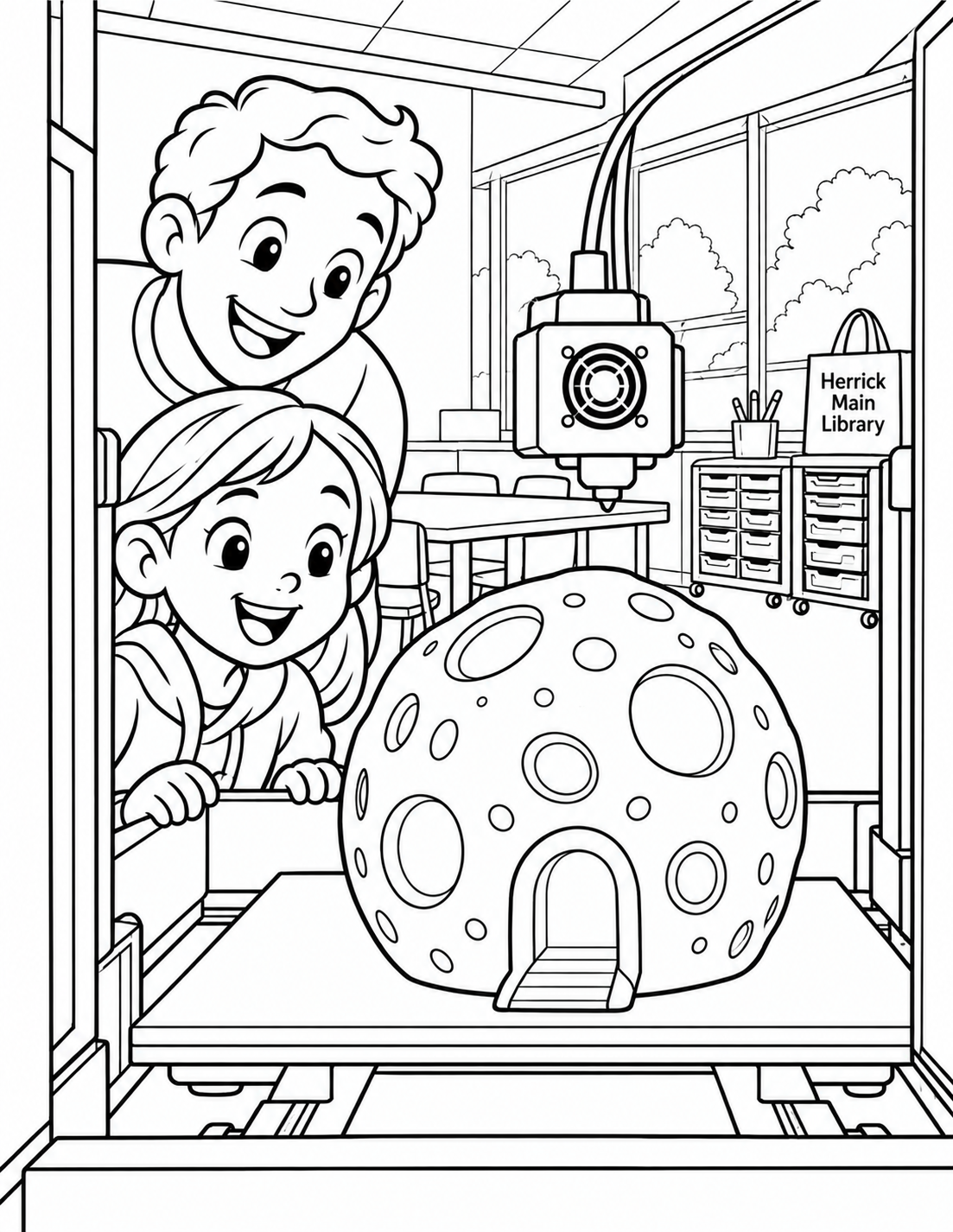 Close view through the open front of a Groundworks 3D printer: one large hollow moon model, decorated with broad crater rings, sits on the print bed like a miniature home, with a small arched doorway. A child with a grown-up peer around the machine's side, delighted. Keep the model plainly a crafted object, and the photographed making-room cabinets sparse behind.