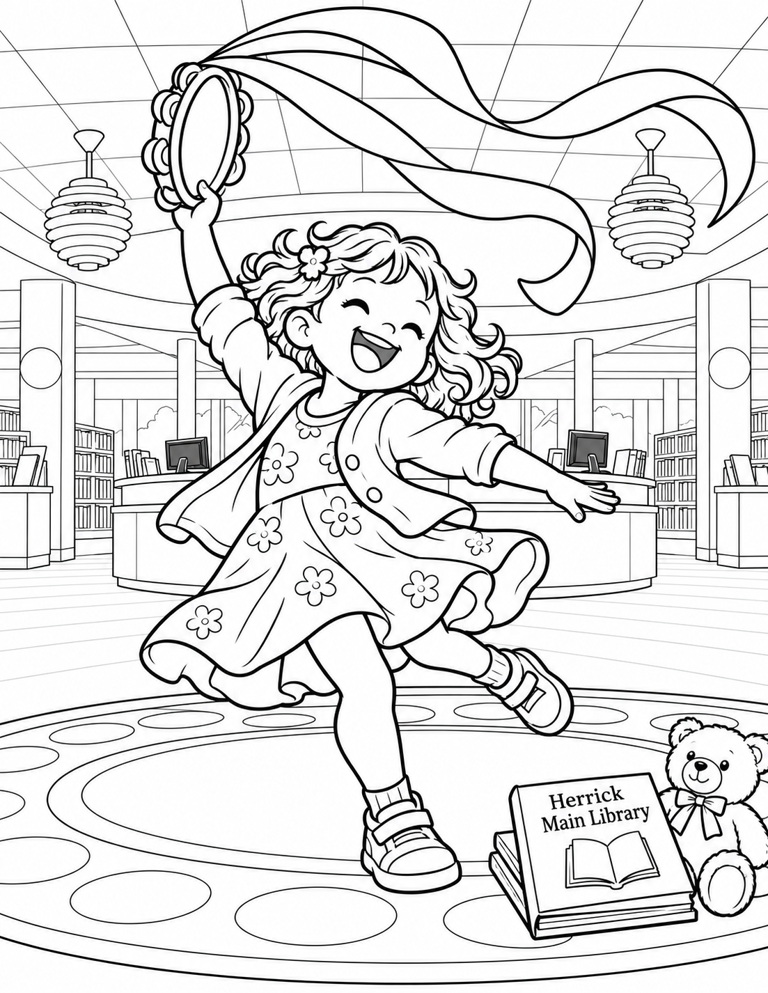 A gleeful preschooler turns in a broad, grounded dance beside a large round storytime rug, lifting one tambourine whose three wide fabric ribbons spiral overhead. The pose and ribbons fill the portrait page with movement. Main's rounded library service desk and shelves sit small behind. Show complete arms and feet and a joyful open expression.