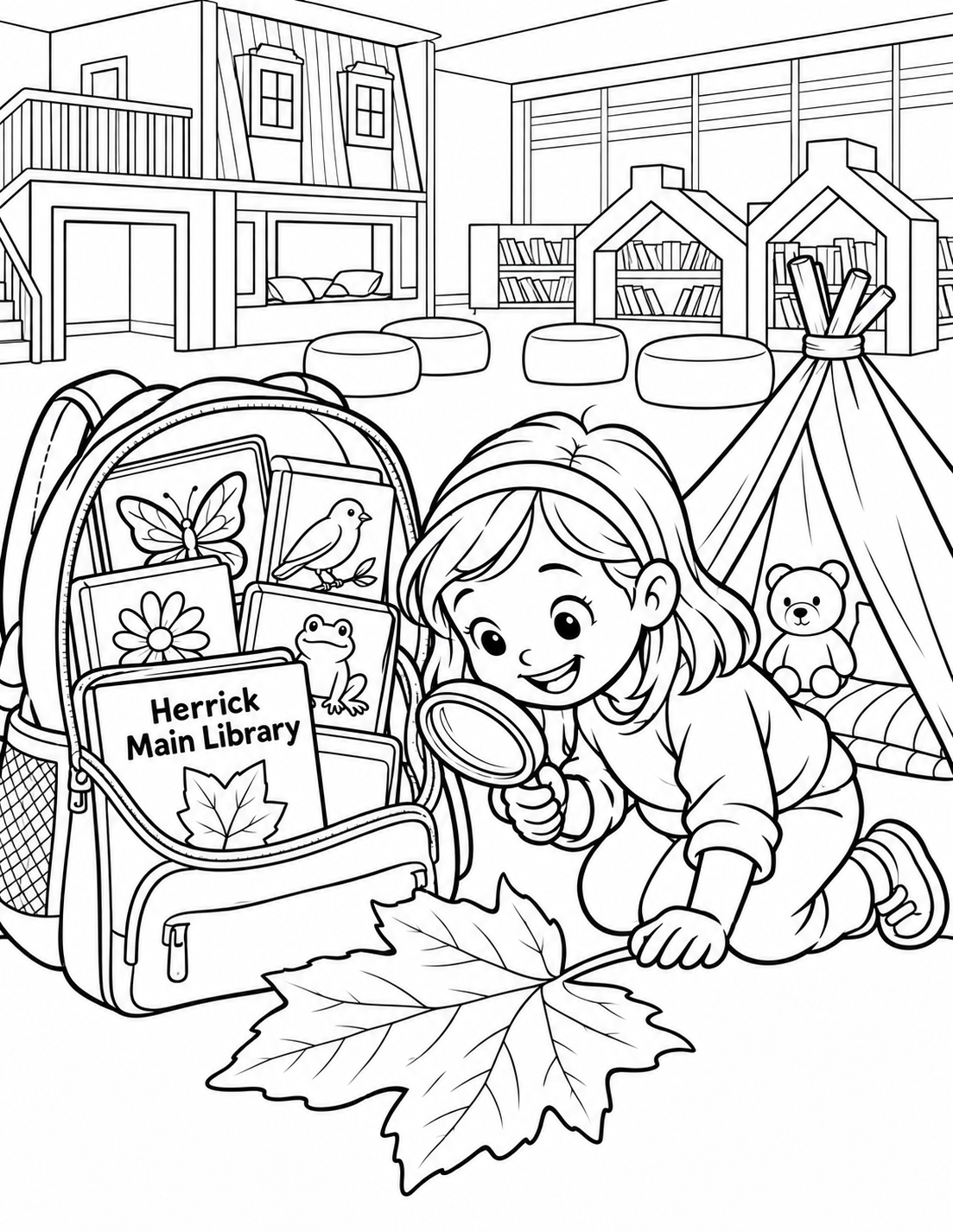 A close, slightly overhead view of a wide-open discovery backpack containing its documented themed books. A child has arranged their own toy tent beside it, creating a tiny pretend expedition camp. One large leaf lies outside the backpack, with the child leaning close to examine its shape directly. The backpack and toy tent supply broad colorable panels; the tent and leaf are invented child-owned additions, not asserted kit contents.