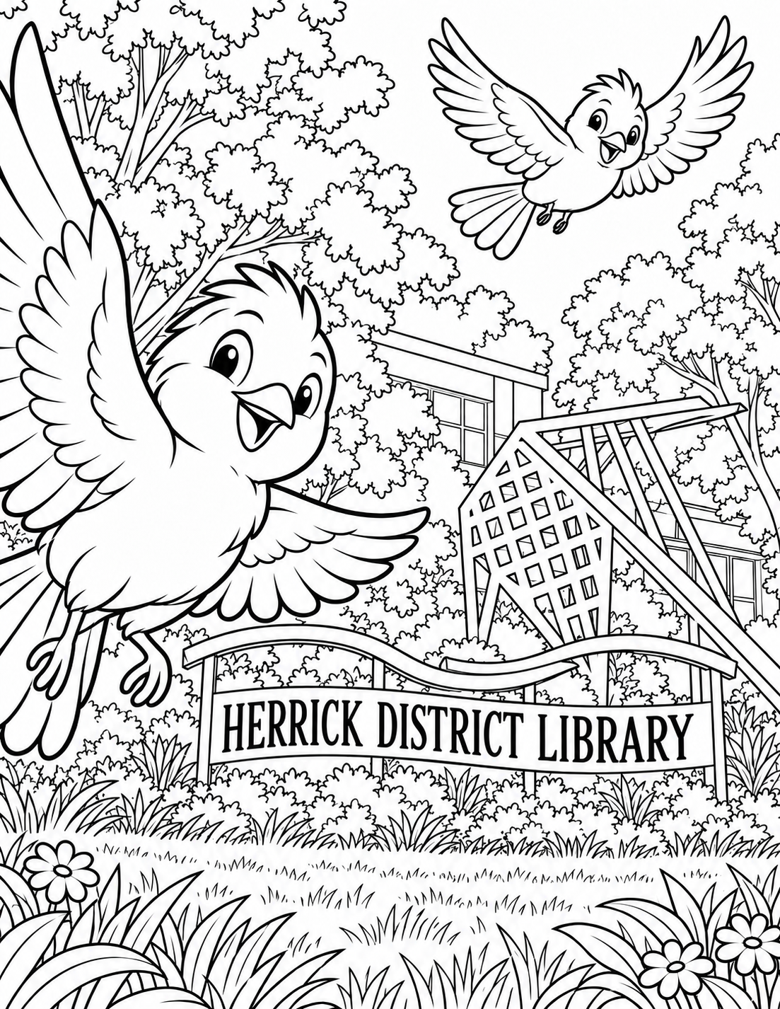 From a low oblique lawn viewpoint consistent with the source photograph, look past one large bird's outstretched wing toward Main's distinctive angular open-lattice lawn sculpture and curved metal library sign. A second bird banks across the upper corner. Render the real sculpture's components as white outline shapes, preserving the source silhouette and overlaps. Trees and the partly visible building stay in the same source-supported relationship.