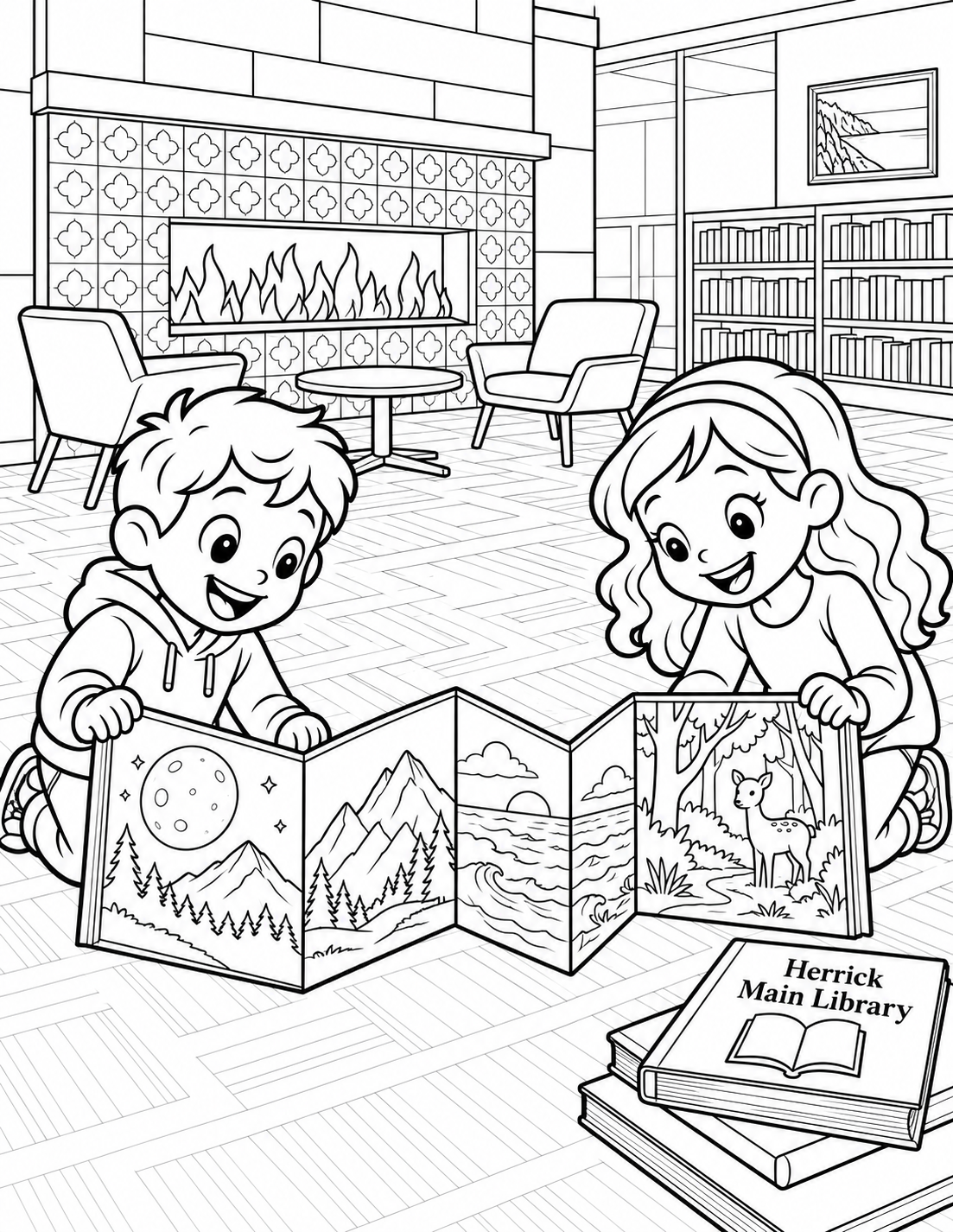 Two delighted children kneel at opposite ends of one long secondhand accordion picture book unfolded in a gentle zigzag across the Book Nook floor. Four broad panels show original moon, mountain, ocean and woodland illustrations; the folds create a rhythmic paper landscape between the children. View close along the low zigzag folds toward their expressive faces. The photographed low used-book shelves and wide inset fireplace remain simple behind. Nothing emerges from the book.