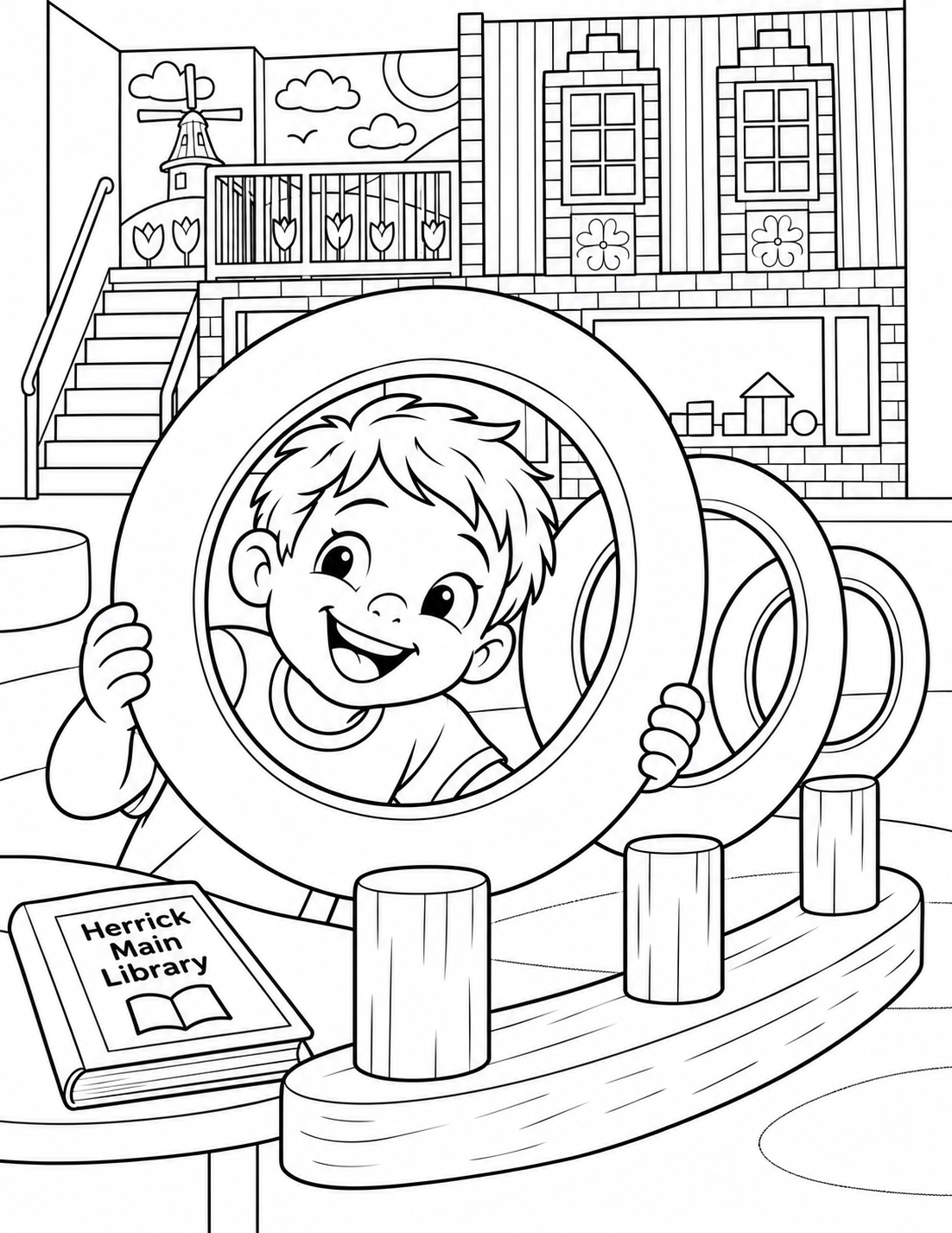 At Main's Tinker Table, five broad wooden rings rise in a curving, securely supported sculpture on three stout pegs. Through the largest ring we see a child's delighted face, framed by the object they made. The real play village sits softly outlined in the background. Rings have open white bands wide enough to color and visibly rest on their supports.